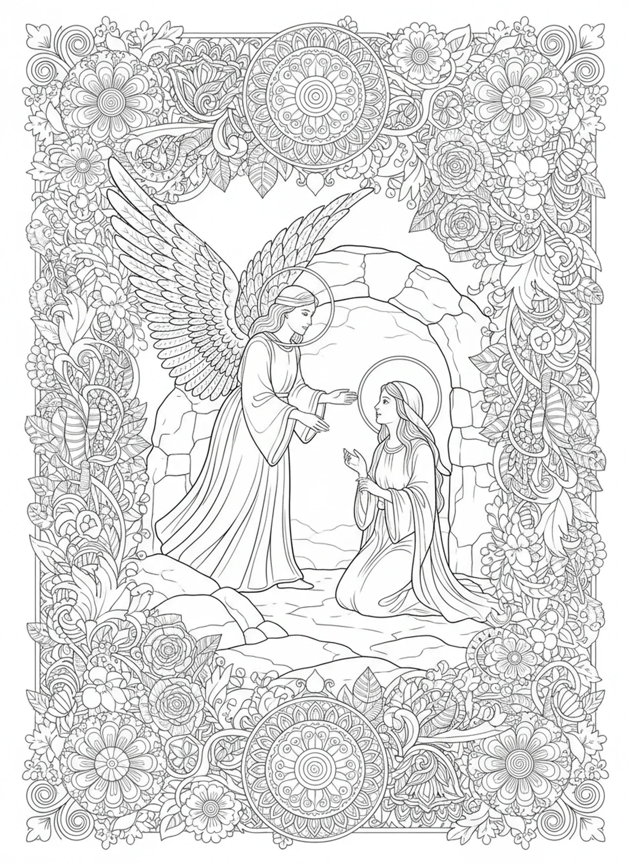 Engel verschijnt aan Maria Magdalena bij het graf, Leeg Graf Jezus verschijnt aan Maria Magdalena kleurplaat voor volwassenen in Bijbel journaling stijl