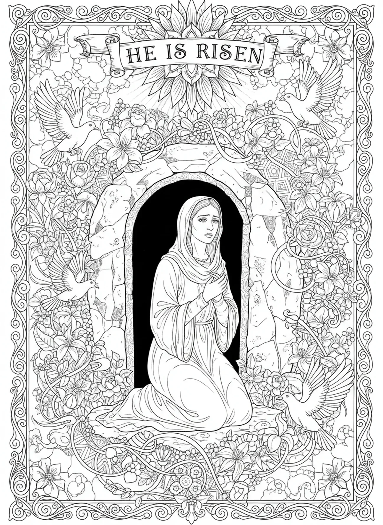 Maria Magdalena knielt bij de ingang van het lege graf, Leeg Graf Jezus Verschijnt aan Maria Magdalena kleurplaat voor volwassenen in Bijbel journaling stijl