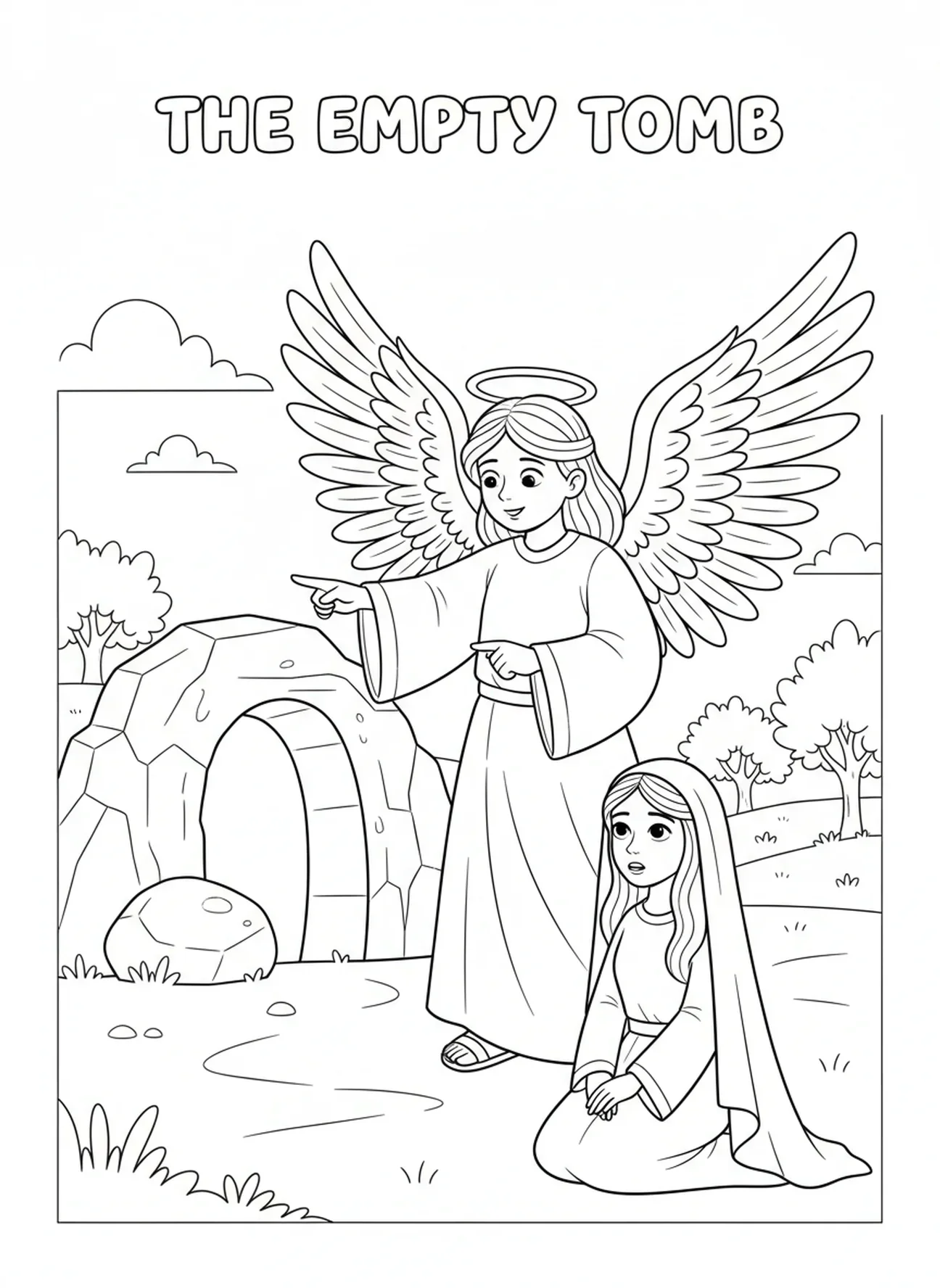 Ángel señalando, Tumba Vacía Jesús Apareciendo a María Magdalena página para colorear para niños de 5 a 10 años.