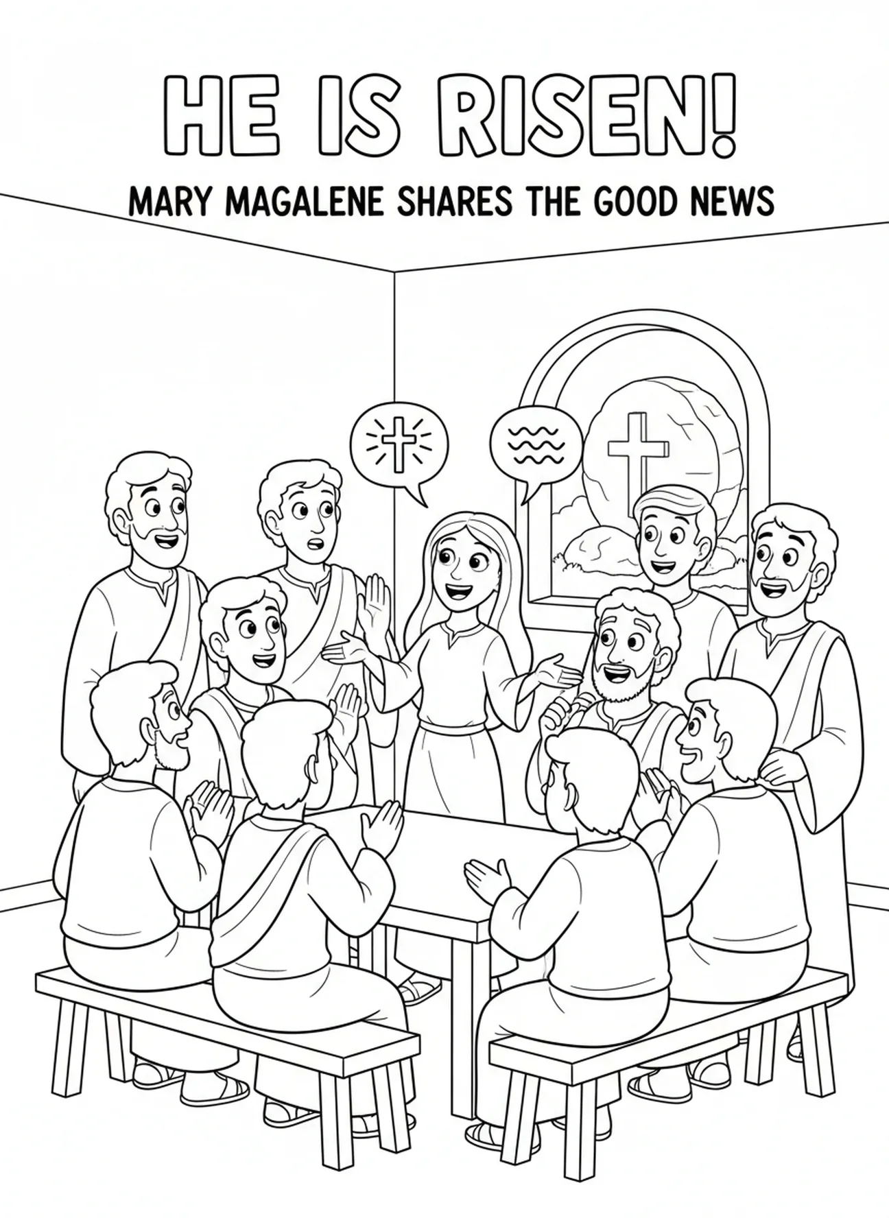 Discipulos escuchando, página para colorear de la aparición de Jesús a María Magdalena en la tumba vacía para niños de 5 a 10 años.
