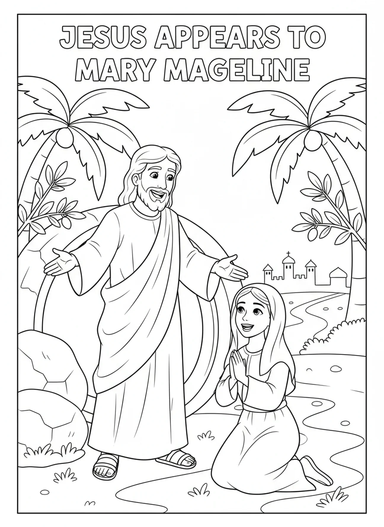 Jesús sonriendo, página para colorear de Jesús apareciendo a María Magdalena para niños de 5 a 10 años.