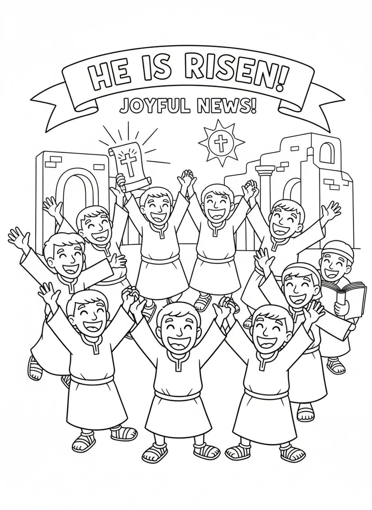 Discípulos celebrando, Tumba Vacía Jesús Apareciendo a María Magdalena página para colorear para niños de 5 a 10 años.