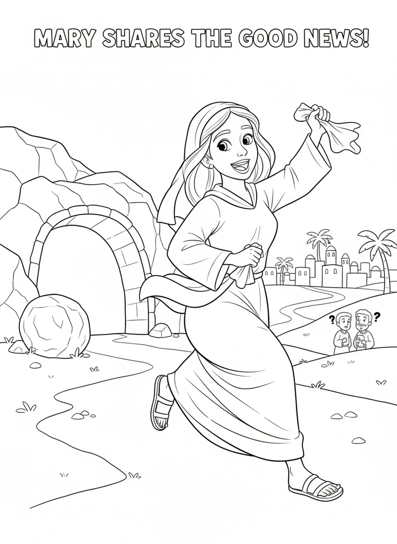 María corriendo, página para colorear de la aparición de Jesús a María Magdalena en la tumba vacía para niños de 5 a 10 años.