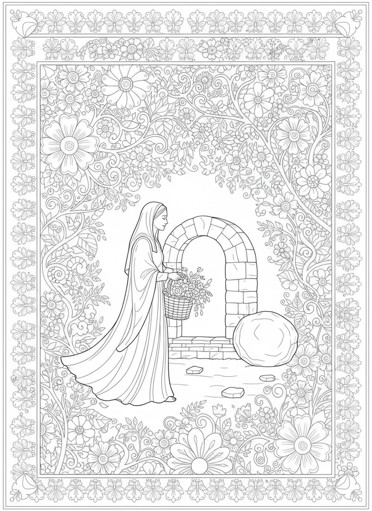 Maria Magdalena nähert sich dem Grab, Ausmalbild vom leeren Grab mit weggerolltem Stein für Erwachsene im Bibel-Journaling-Stil.