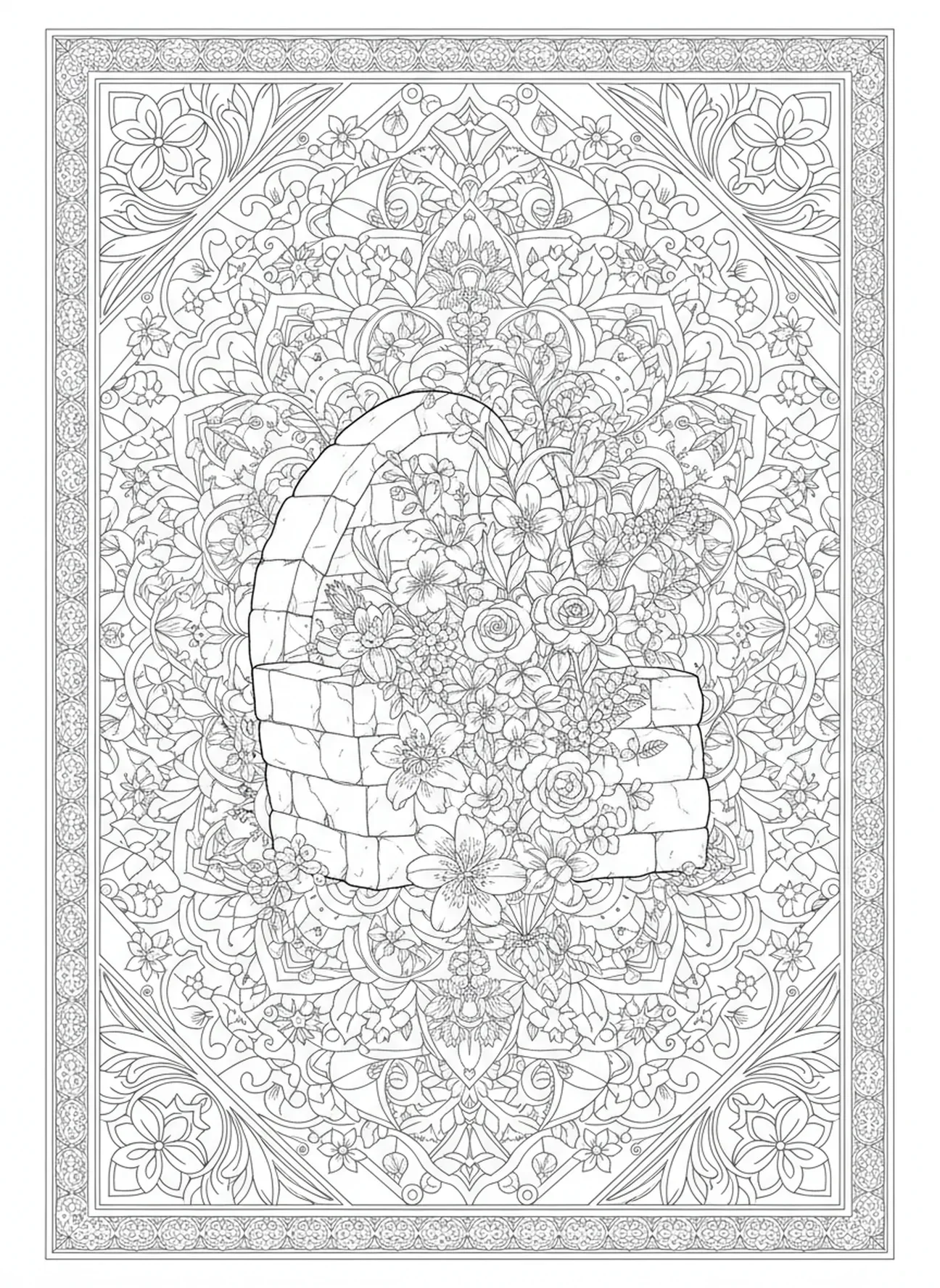 Blühende Blumen um das Grab, Ausgerollter Stein des leeren Grabes Malvorlage für Erwachsene im Stil des Bibel-Journaling.