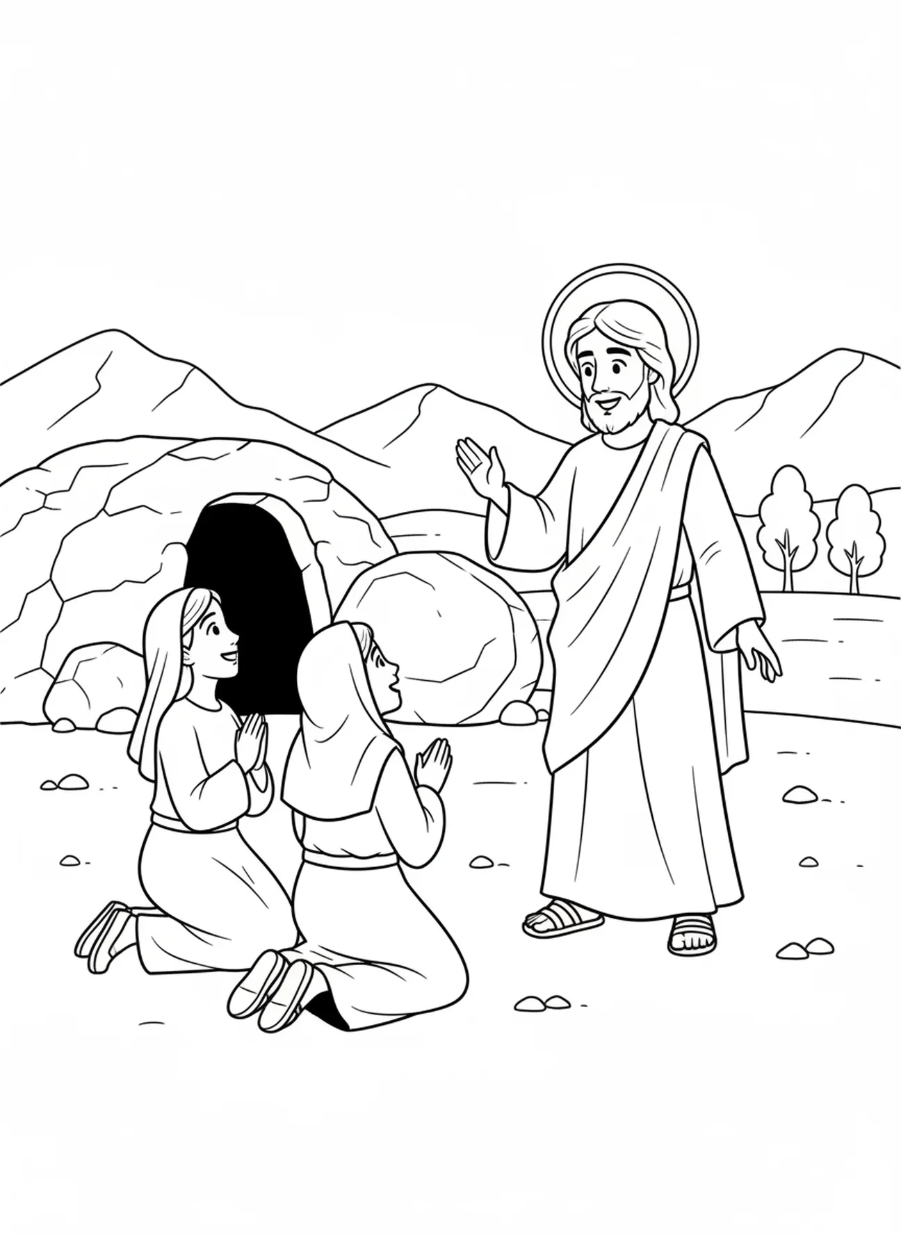 Jesus sorrindo calorosamente, página para colorir da Pedra do Túmulo Vazio Rolada para Lado para crianças de 5 a 10 anos.