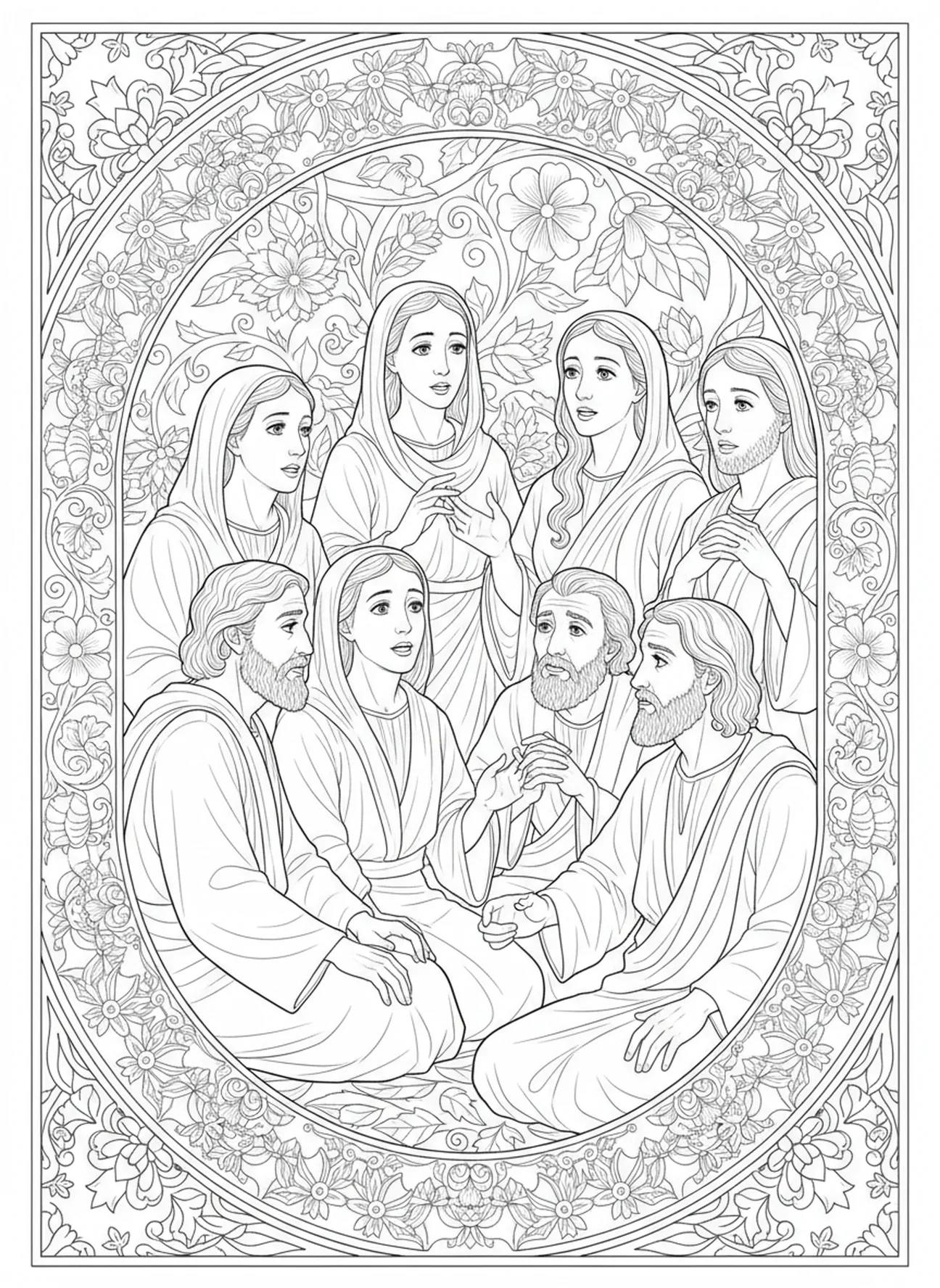 Jünger hören aufmerksam zu, Frauen am leeren Grab laufen, um den Jünger zu erzählen, Ausmalbild für Erwachsene im Bibel-Journaling-Stil.