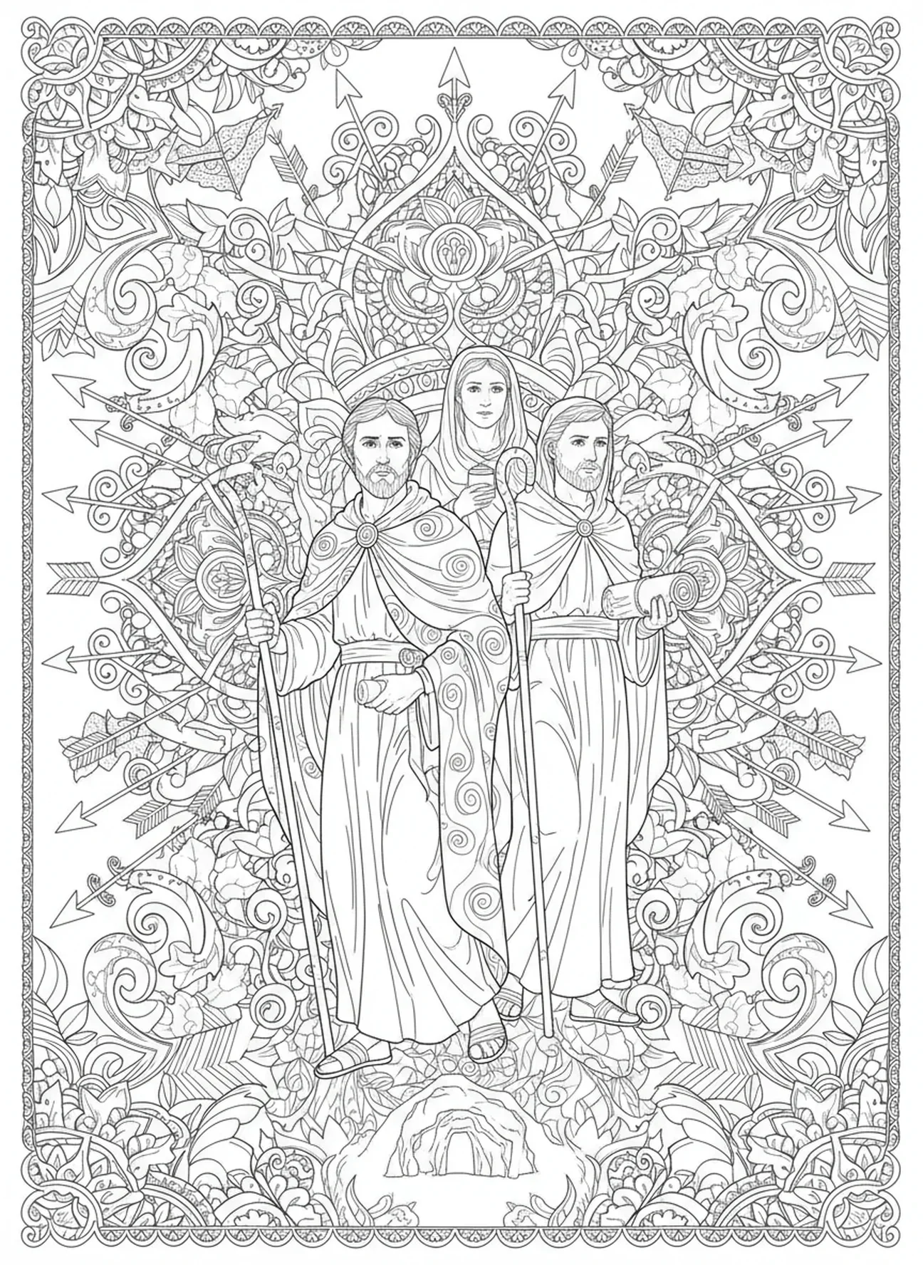 Jünger bereiten sich vor, zum Grab zu gehen, Leeres Grab Frauen laufen, um den Jünger zu erzählen, Ausmalbild für Erwachsene im Bibel-Journaling-Stil.