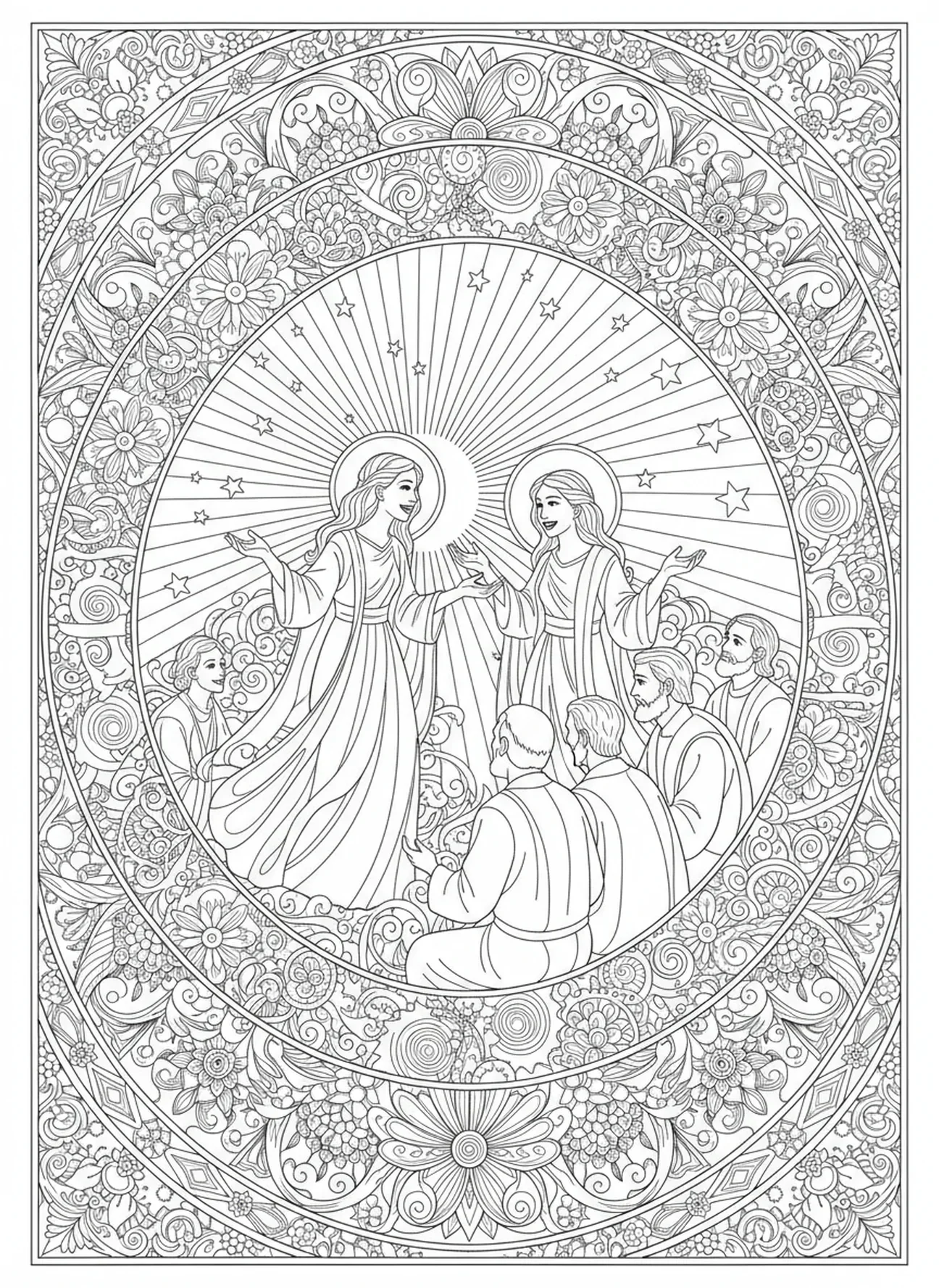 Frauen, die den Jüngern die Botschaft überbringen, Ausmalbild für Erwachsene im Bibel-Journaling-Stil mit dem leeren Grab und Frauen, die zu den Jüngern laufen.