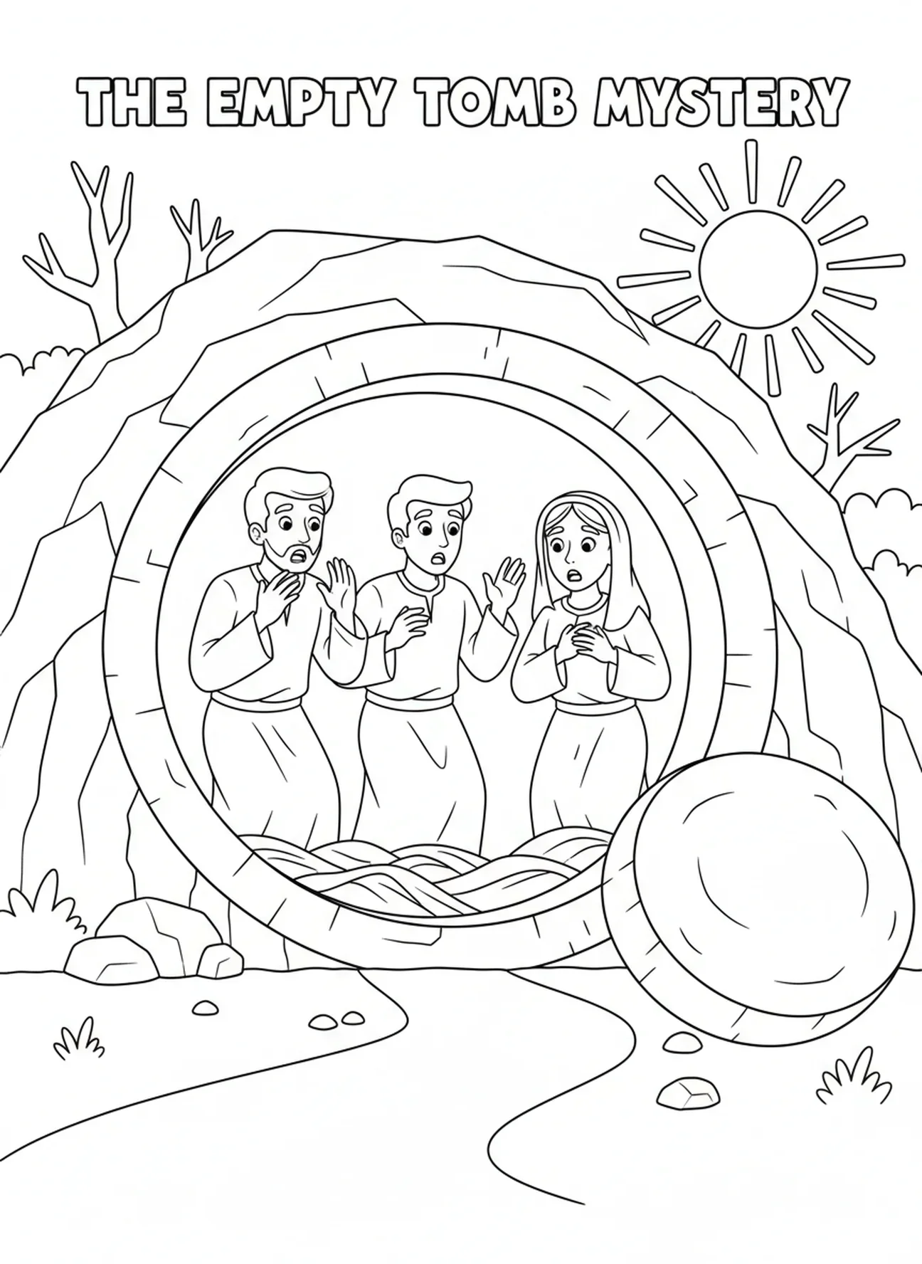 Disciples émerveillés devant le tombeau, Femmes au Tombeau Vides courant pour annoncer aux Disciples page à colorier pour les enfants de 5 à 10 ans