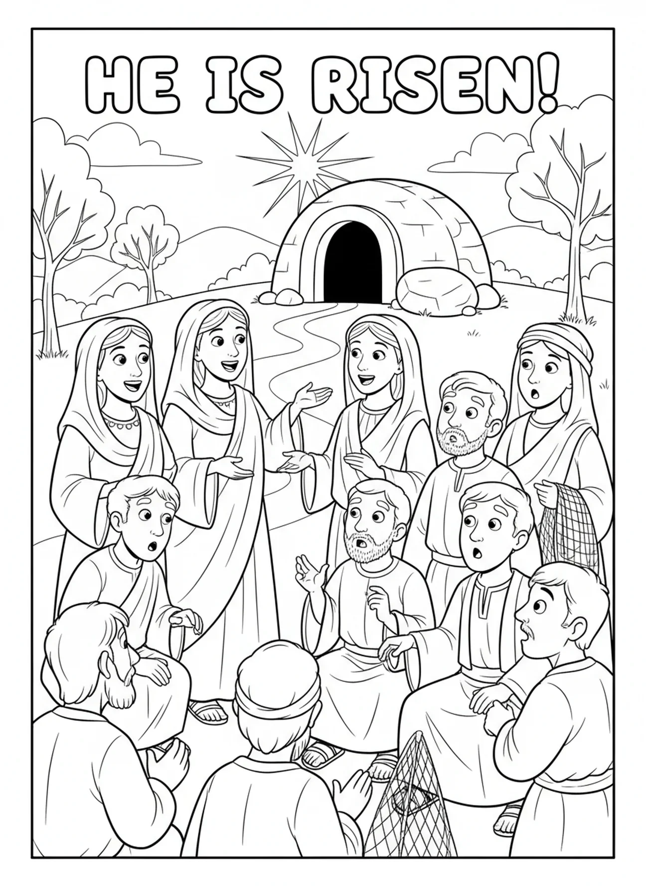 Femmes annonçant la nouvelle, page à colorier des femmes au tombeau vide courant pour raconter aux disciples pour les enfants de 5 à 10 ans