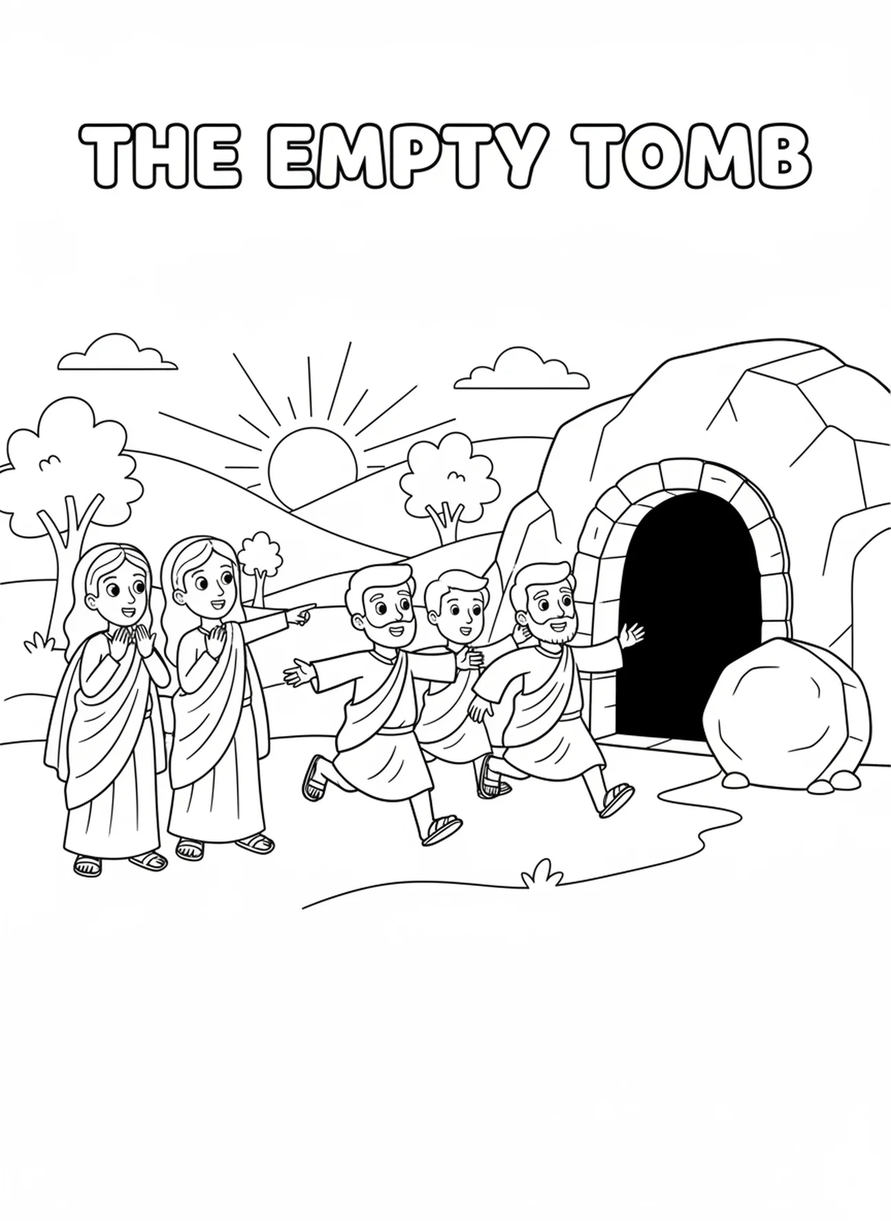 Disciples courant avec empressement, Femmes du Tombeau Vide courant pour annoncer aux Disciples page à colorier pour enfants de 5 à 10 ans