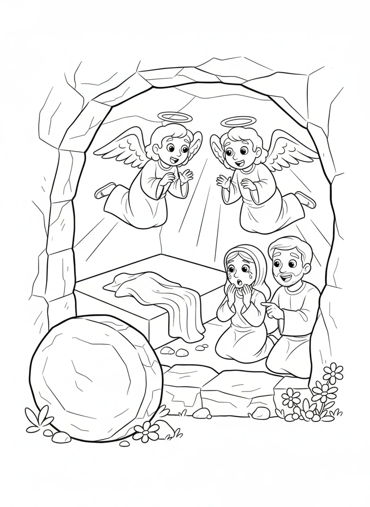 À l'intérieur du tombeau vide, page à colorier des femmes courant pour annoncer aux disciples, pour les enfants de 5 à 10 ans