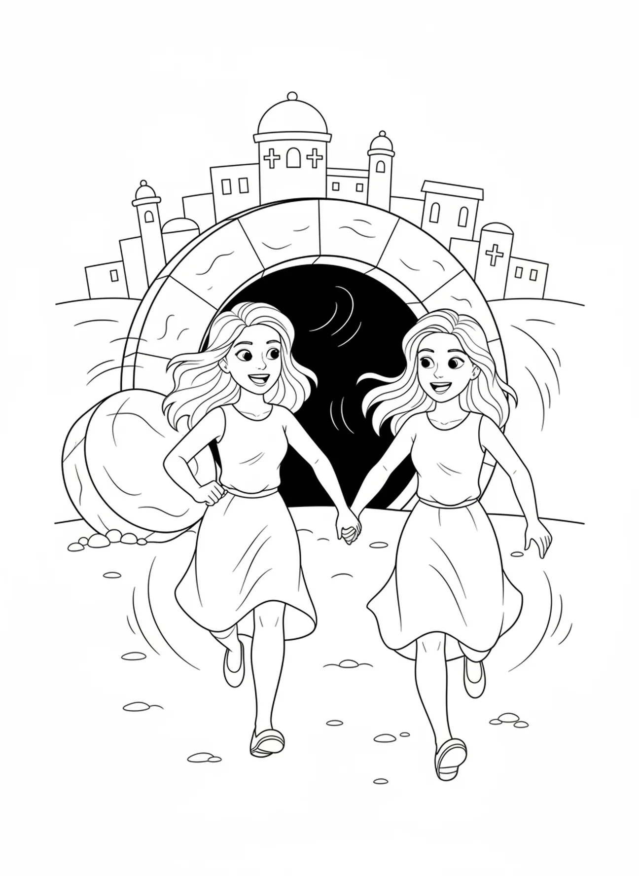 Deux femmes courant joyeusement, page à colorier des Femmes au Tombeau Vide courant pour annoncer aux Disciples pour les enfants de 5 à 10 ans
