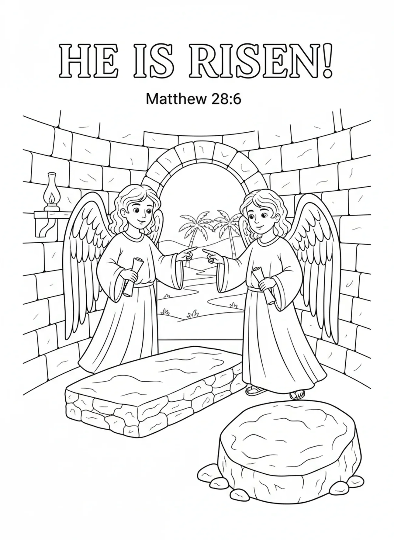 Deux anges dans le tombeau vide, page à colorier des Femmes au Tombeau Courant Pour Annoncer aux Disciples pour les enfants de l'École du dimanche âgés de 5 à 12 ans.