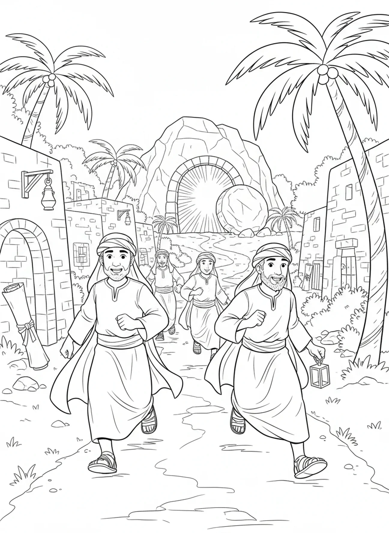Disciples courant vers le tombeau vide, page à colorier des Femmes au Tombeau Vide courant pour annoncer aux Disciples pour les enfants de l'École du dimanche âgés de 5 à 12 ans.