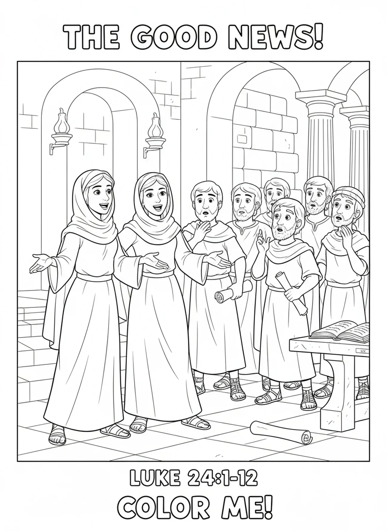 Des femmes annonçant aux disciples le tombeau vide, page à colorier des Femmes du Tombeau Vide courant pour annoncer aux disciples pour l'École du dimanche enfants de 5 à 12 ans.
