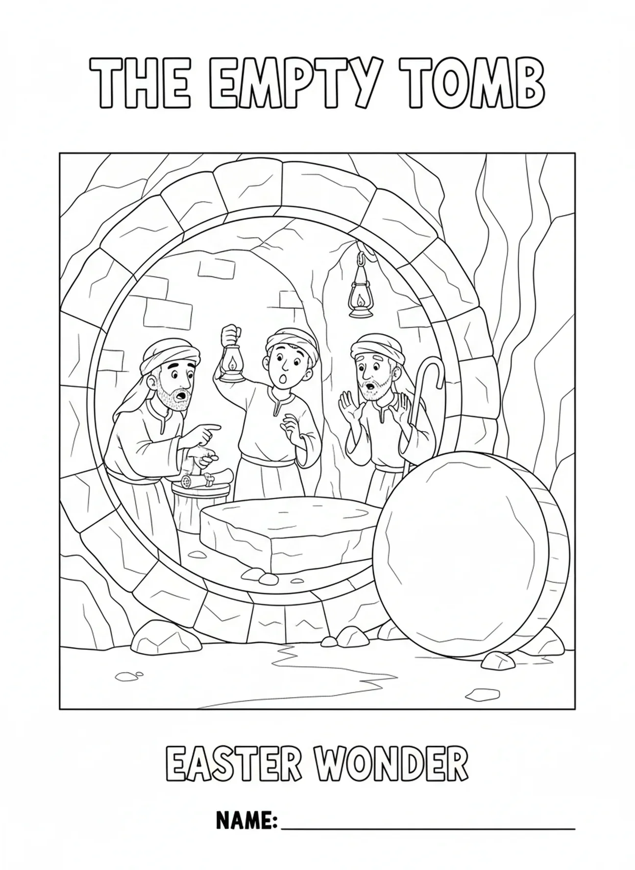 Disciples au tombeau vide, page à colorier des Femmes au Tombeau Courant Pour Annoncer aux Disciples pour l'École du dimanche enfants de 5 à 12 ans.