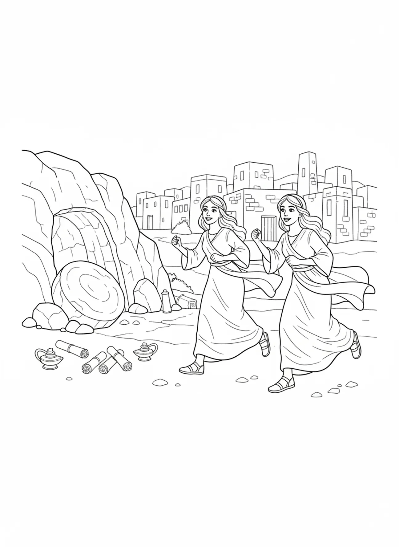 Deux femmes courant vers le village, page à colorier des Femmes du Tombeau Vide courant pour annoncer aux disciples, destinée aux enfants de l'École du dimanche âgés de 5 à 12 ans.