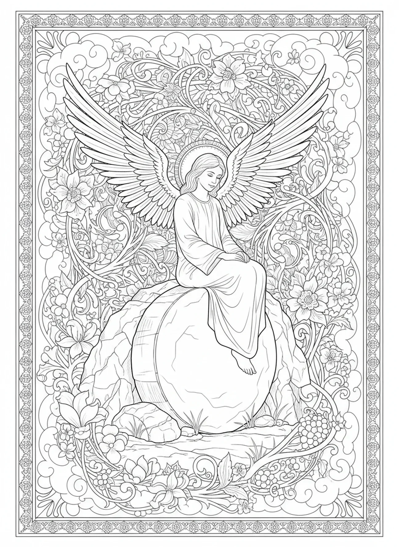 Ángel sobre la piedra, página para colorear de la Tumba Vacía estilo journaling bíblico para adultos