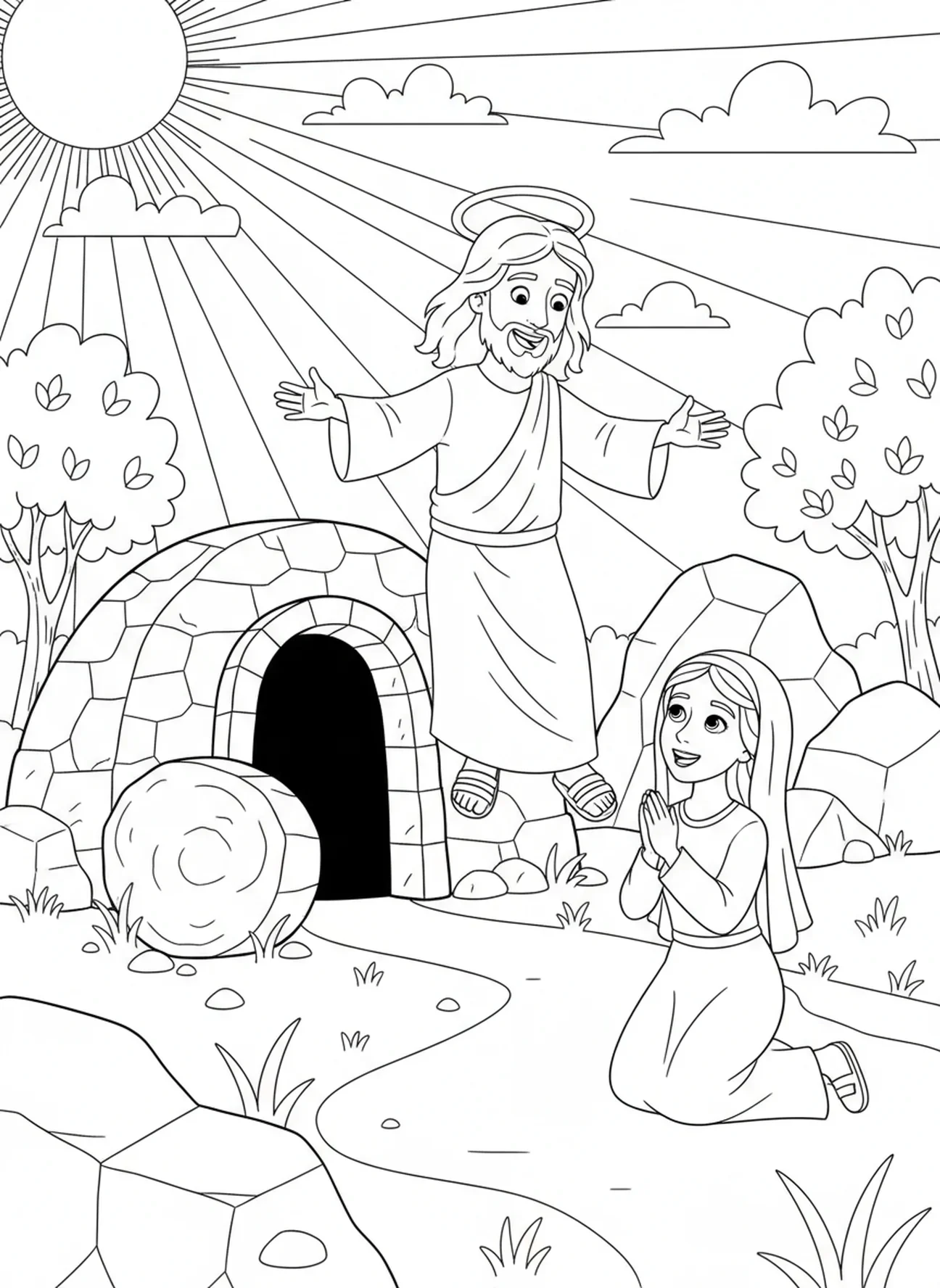 Jesús saludando a una mujer, página para colorear de la Tumba Vacía para niños de 5 a 10 años