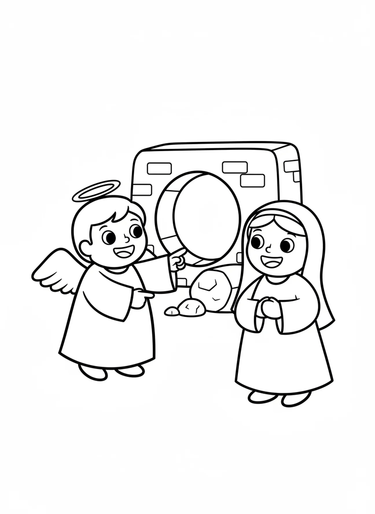 Un ange souriant parlant à Marie, page à colorier du Tombeau vide pour les enfants d'âge préscolaire de 3 à 5 ans.