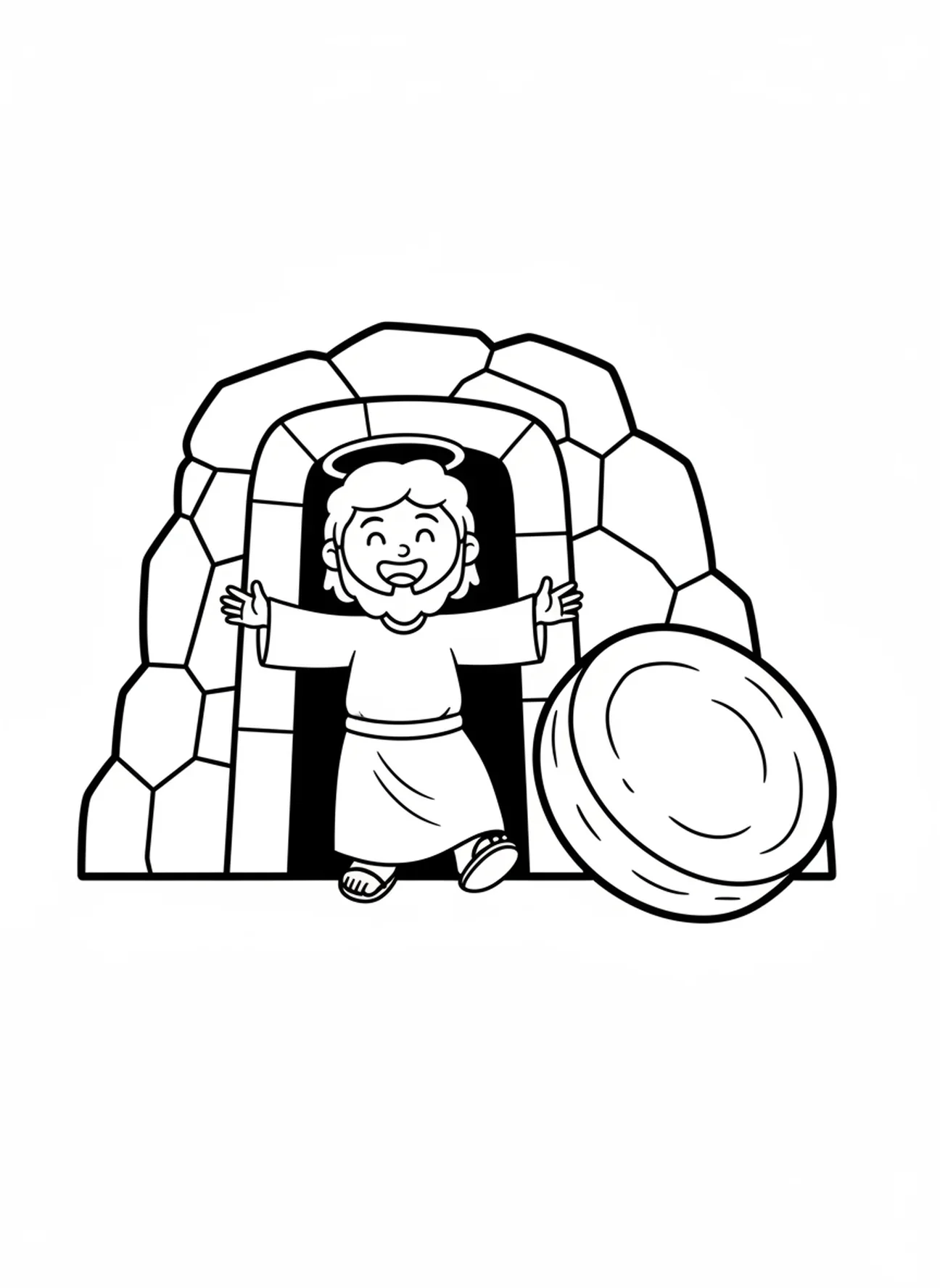Page à colorier de Jésus souriant, Tombeau vide pour les enfants d'âge préscolaire de 3 à 5 ans.
