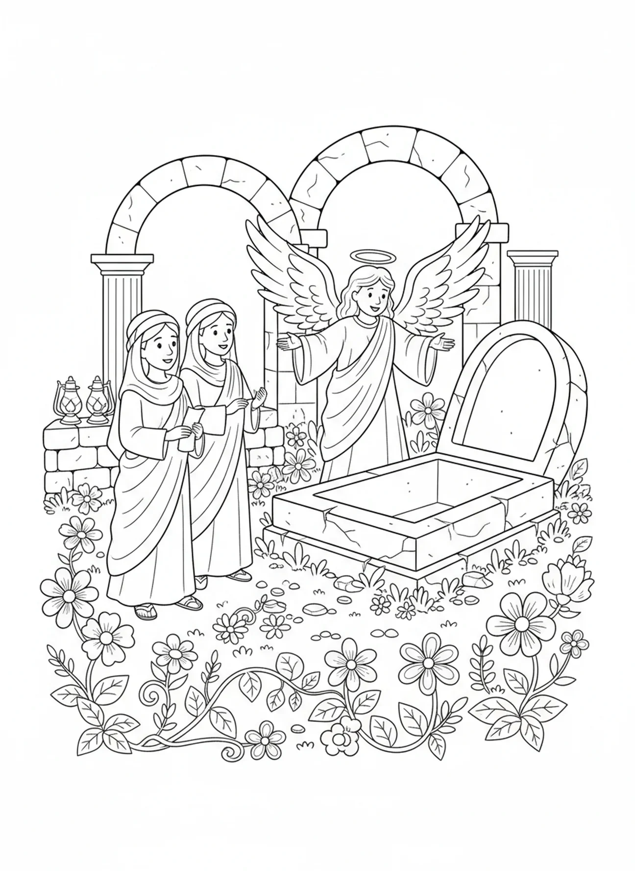 Página de colorir de um anjo, Túmulo Vazio para crianças da Escola Dominical de 5 a 12 anos.