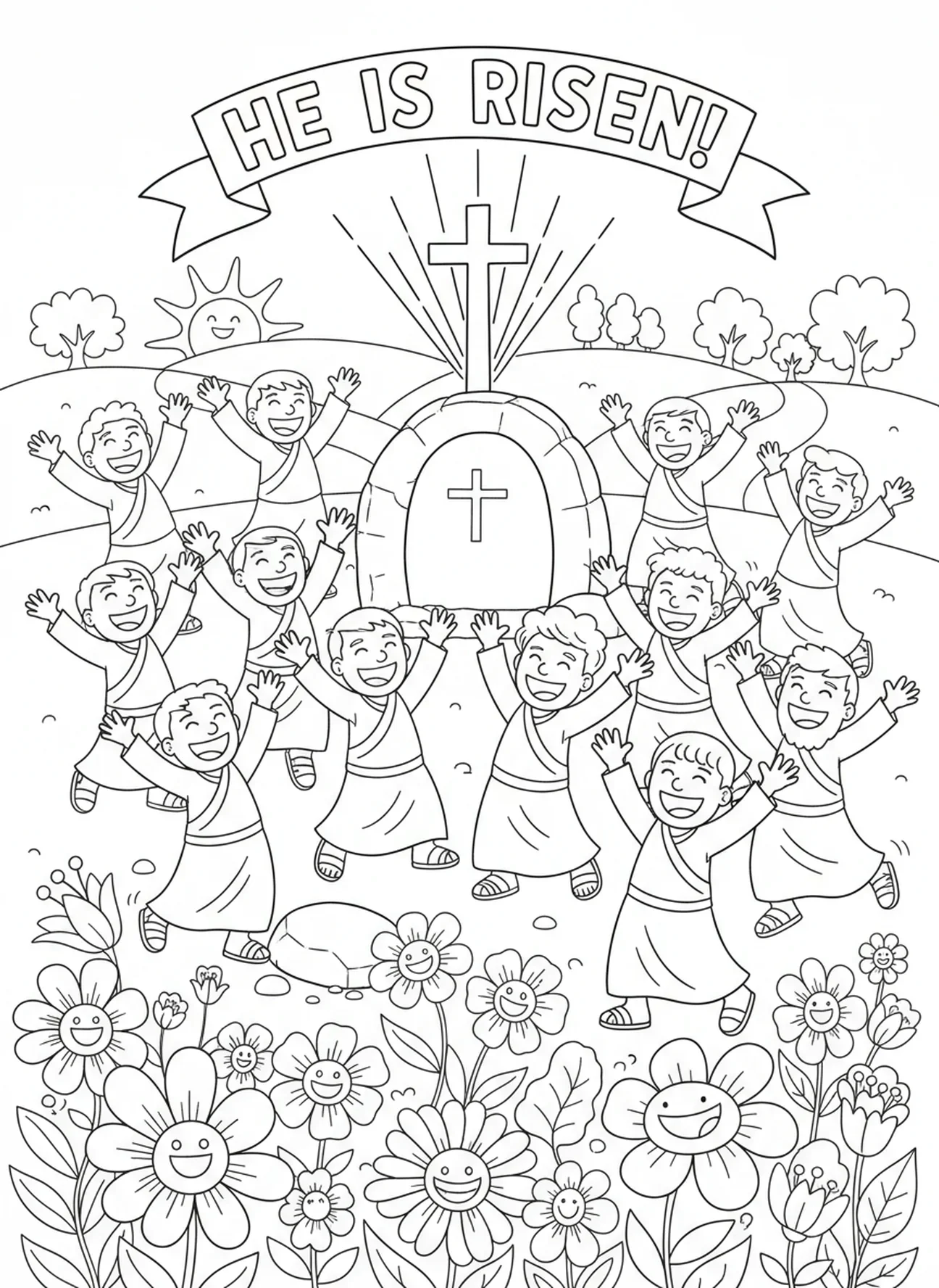 Disciples célébrant joyeusement, page à colorier du Tombeau de Jardin pour enfants de 5 à 10 ans.