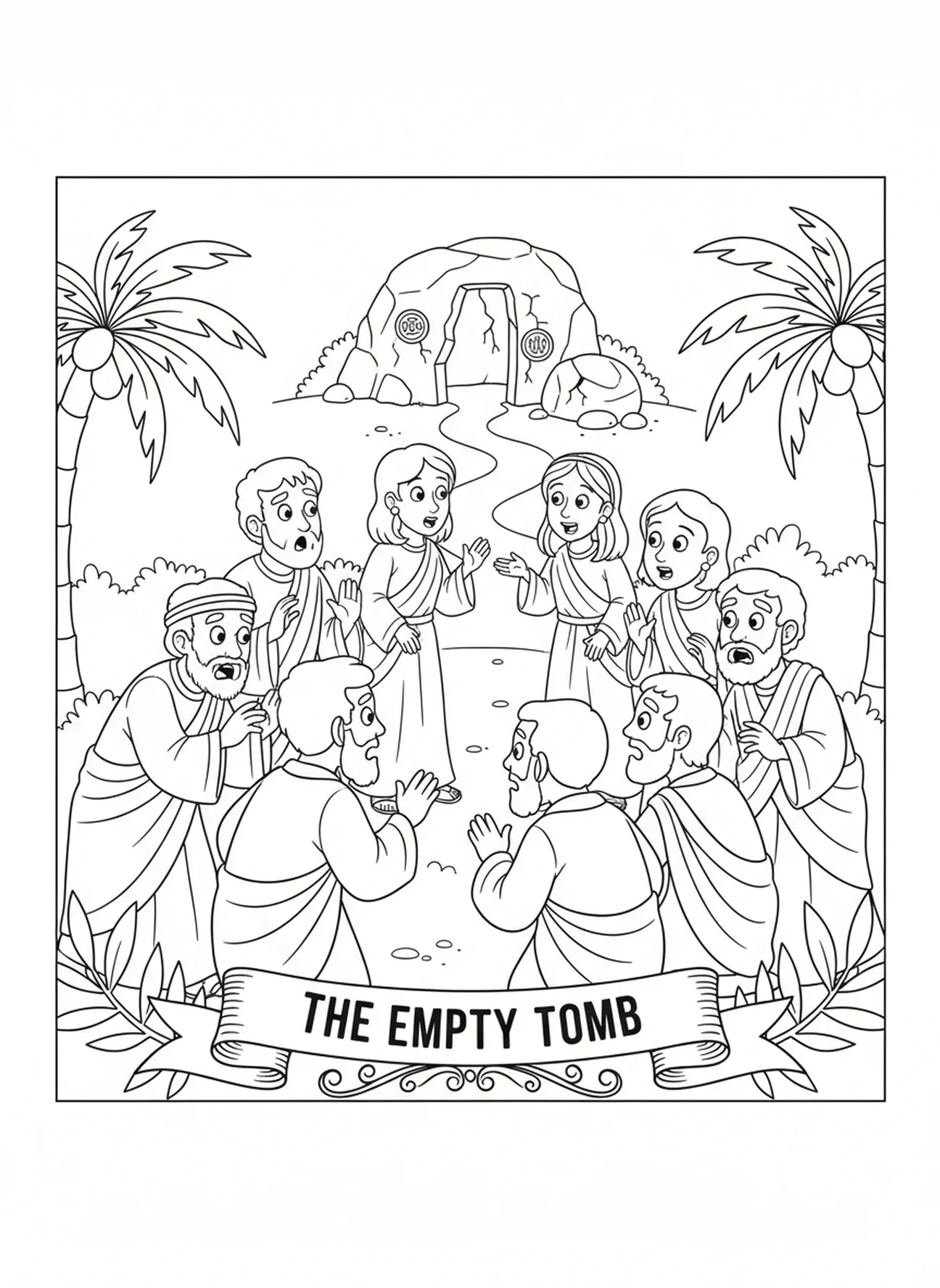 Disciples écoutant, page à colorier du Tombeau de Jardin pour enfants de 5 à 10 ans.