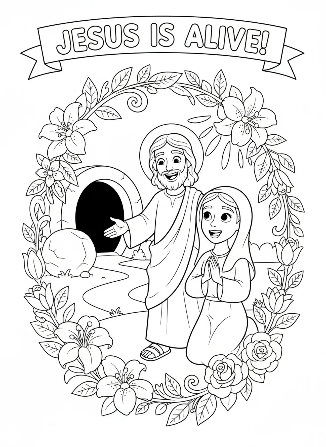 Jésus souriant à Marie, page à colorier du Tombeau de jardin pour les enfants de 5 à 10 ans.