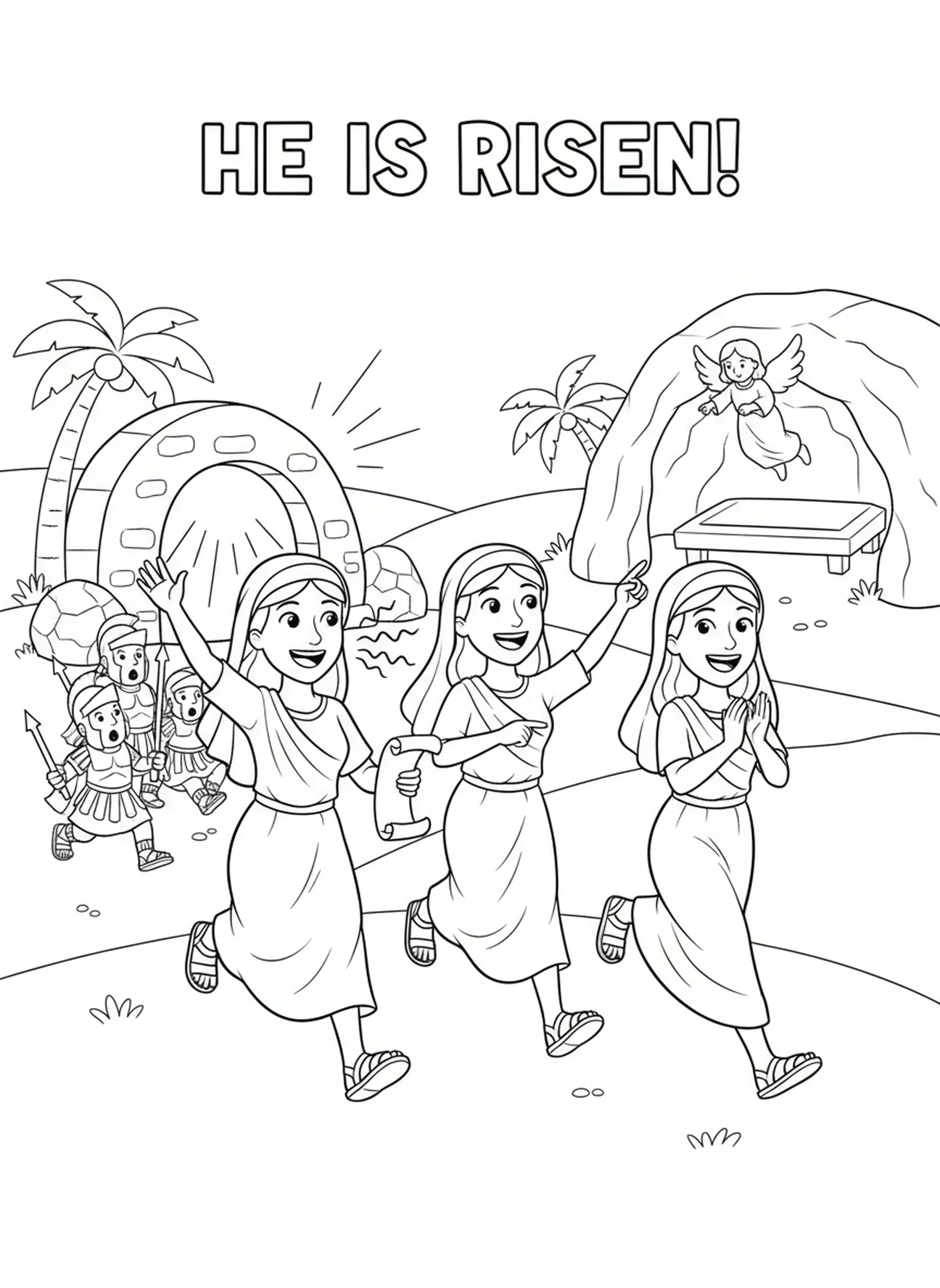 Femmes enthousiastes courant, page à colorier du Tombeau de Jardin pour enfants de 5 à 10 ans.