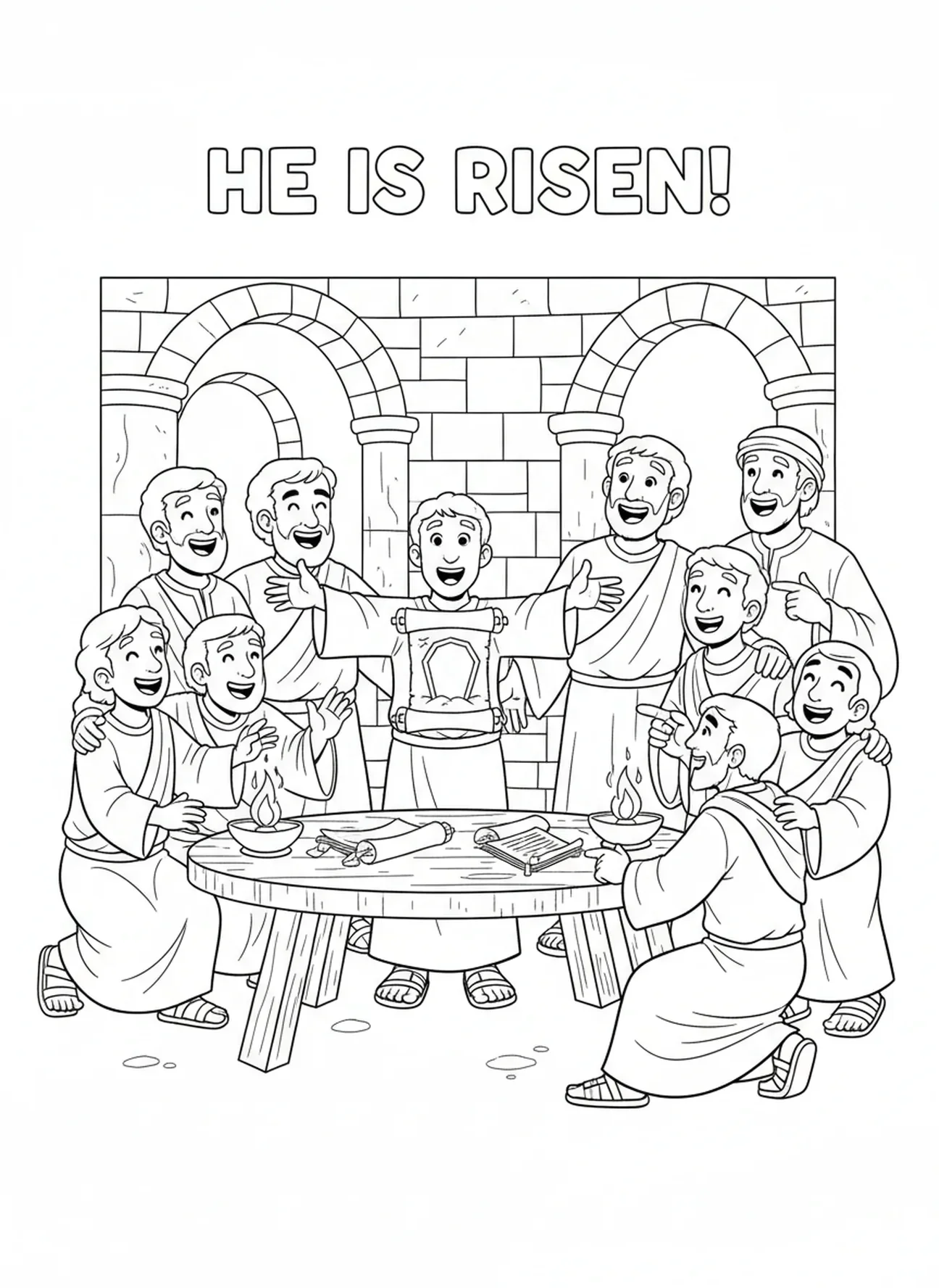 Disciples discutant de la résurrection, page à colorier du Tombeau dans le jardin pour les enfants de l'École du dimanche âgés de 5 à 12 ans