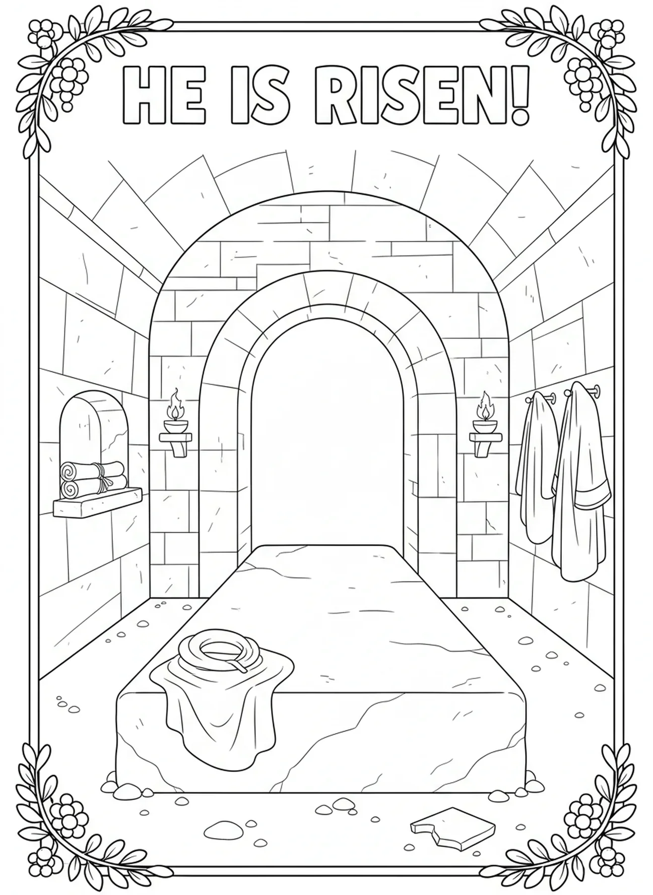 À l'intérieur du tombeau vide, page à colorier du Tombeau du Jardin pour les enfants de l'École du dimanche âgés de 5 à 12 ans
