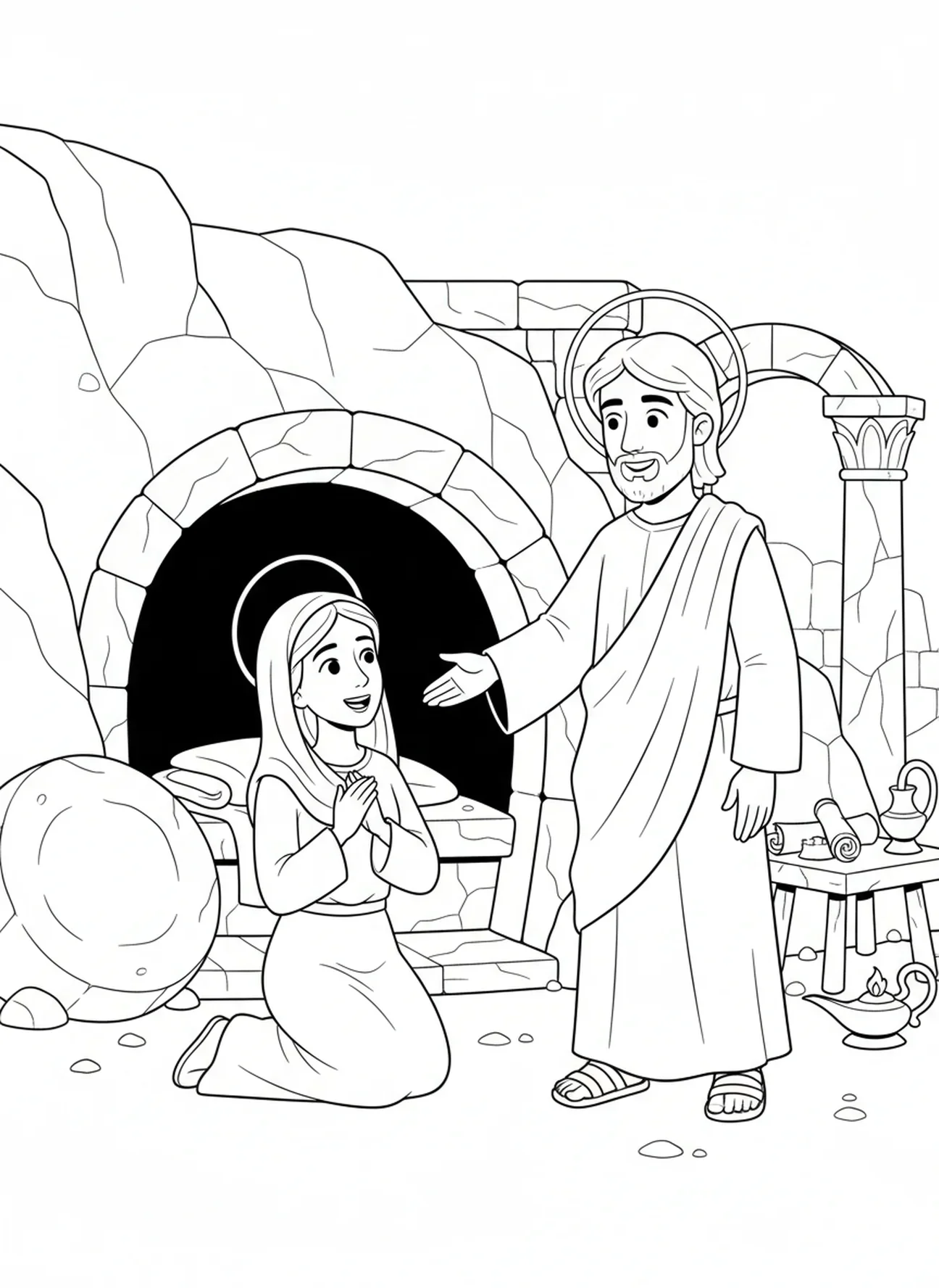 Jésus apparaissant à Marie, page à colorier du Tombeau de jardin pour les enfants de l'École du dimanche âgés de 5 à 12 ans