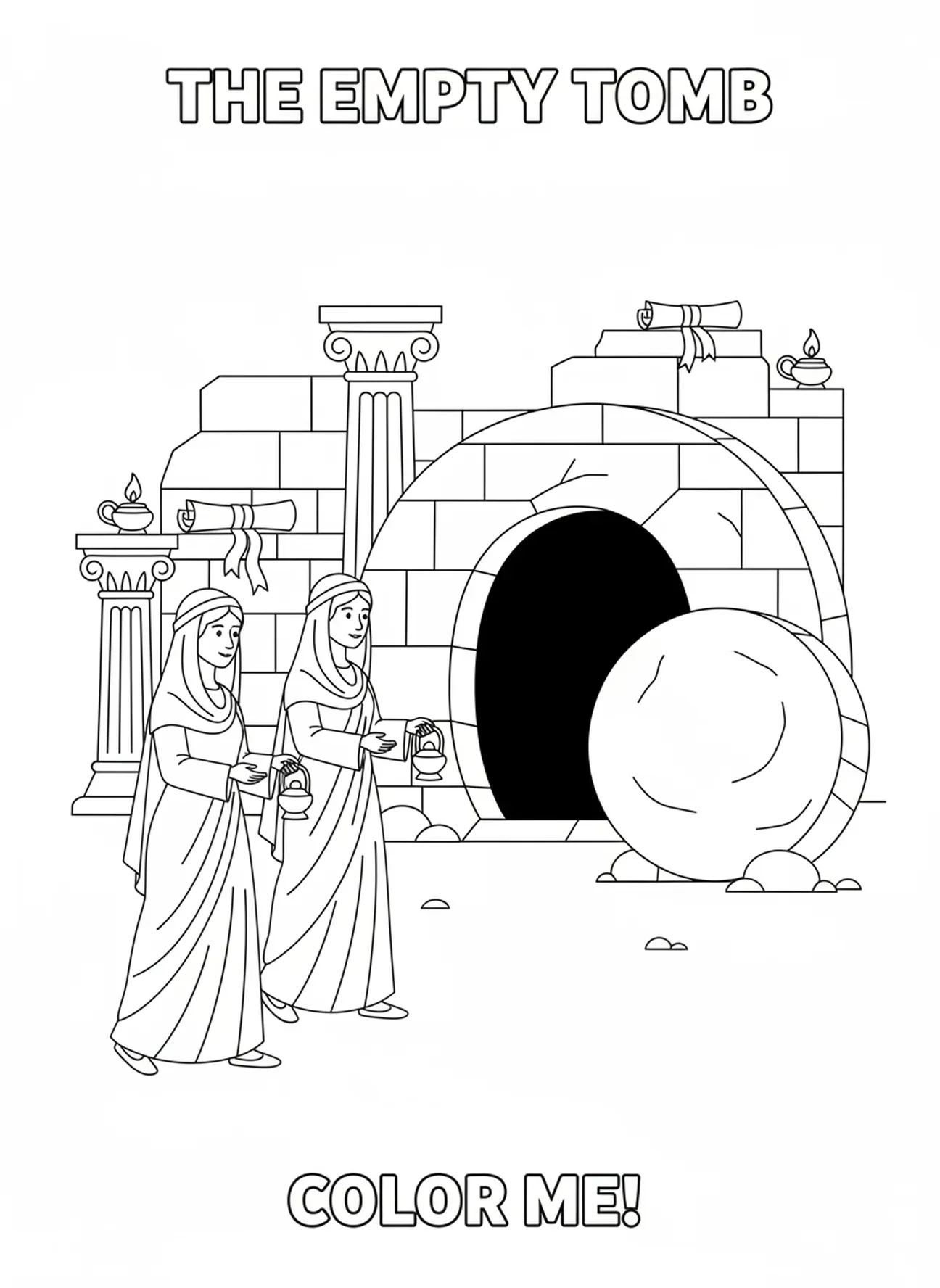 Marie Madeleine et une amie, page à colorier du Tombeau dans le jardin pour les enfants de l'École du dimanche âgés de 5 à 12 ans