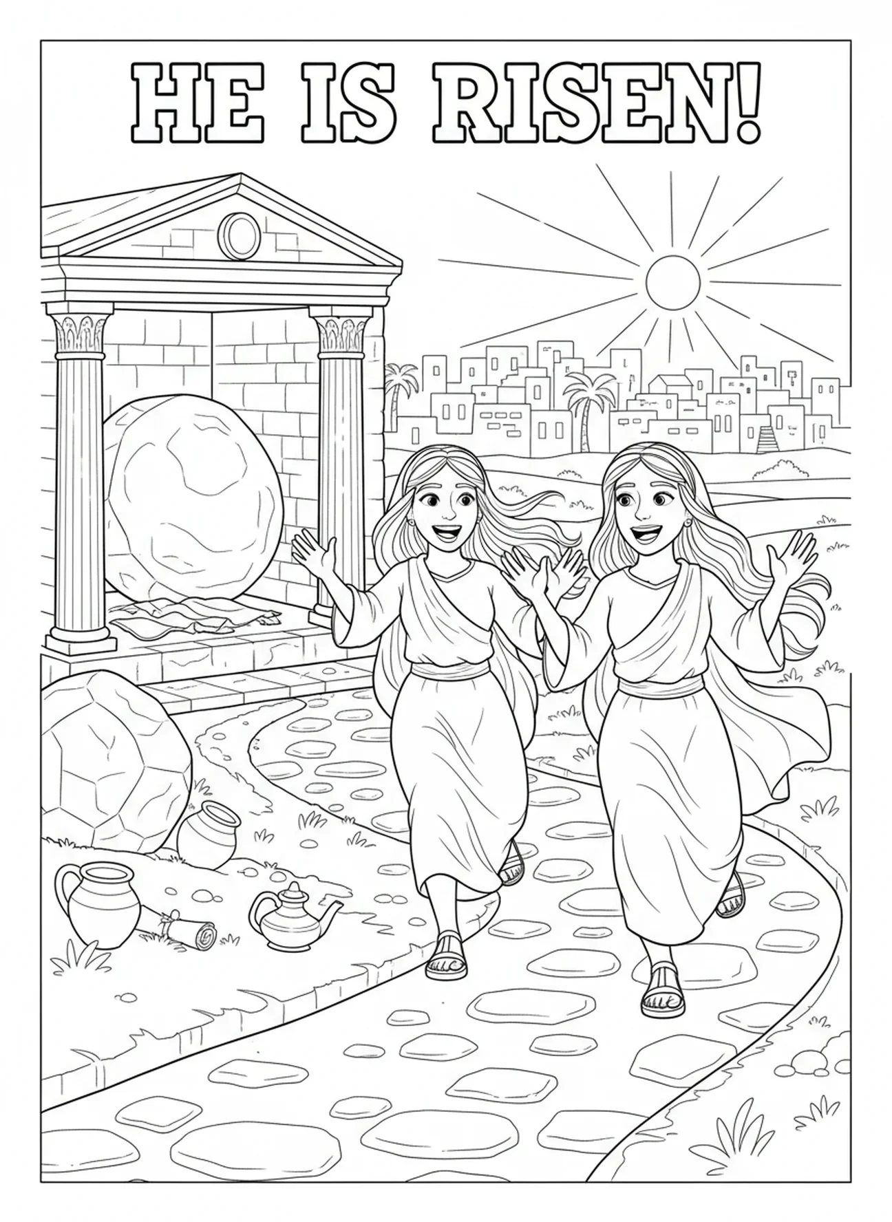 Femmes quittant joyeusement le tombeau, page à colorier du Tombeau de Jardin pour les enfants de l'École du dimanche âgés de 5 à 12 ans
