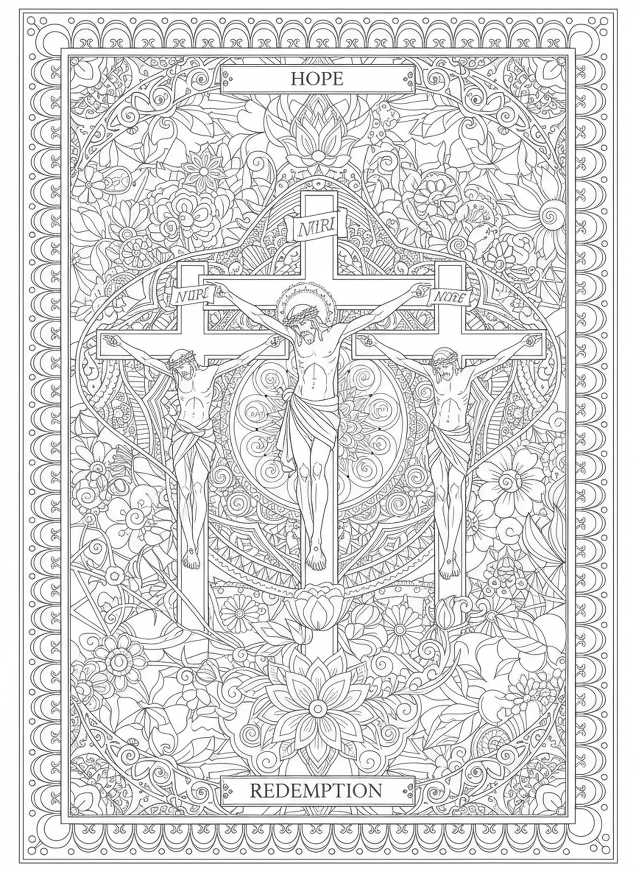 Jezus ukrzyżowany na krzyżu, kolorowanka na Wielki Piątek dla dorosłych w stylu dziennika biblijnego.