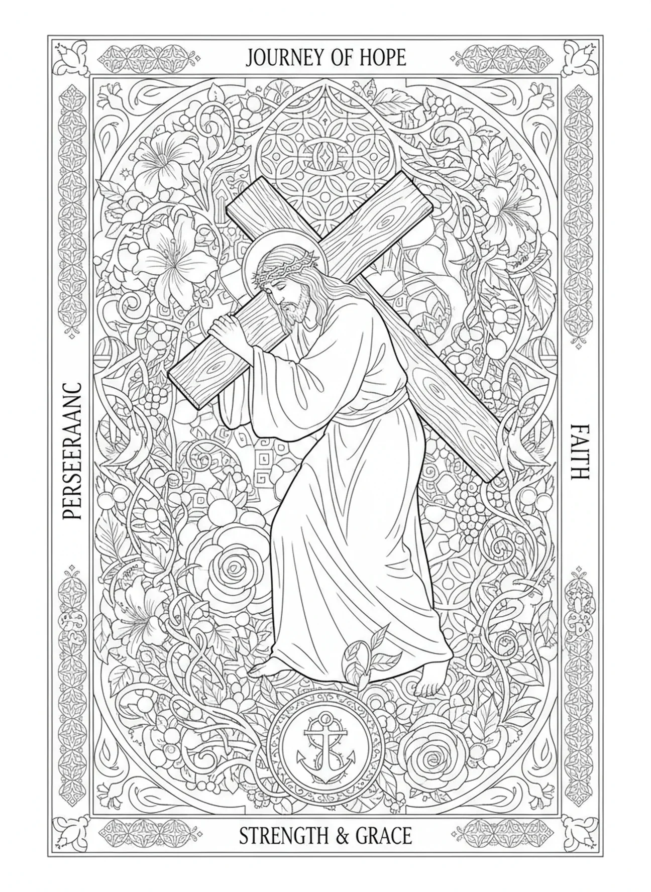 Jezus niosący krzyż, kolorowanka na Wielki Piątek w stylu dziennika biblijnego dla dorosłych.
