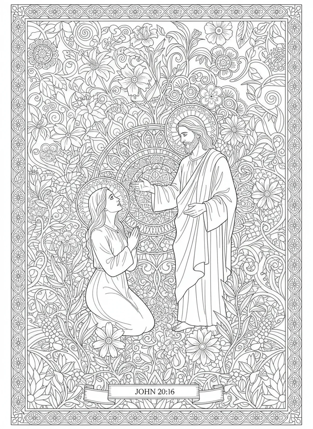 Jezus rozmawiający z Marią Magdaleną, kolorowanka na Wielki Piątek w stylu dziennika biblijnego dla dorosłych.