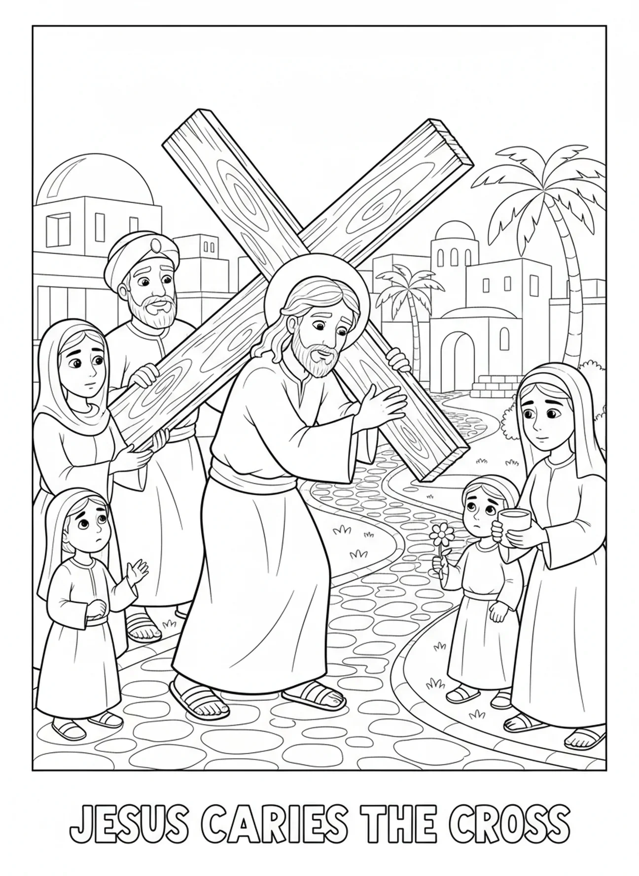 Jesús cargando la cruz, página para colorear del Viernes Santo para niños de 5 a 10 años.