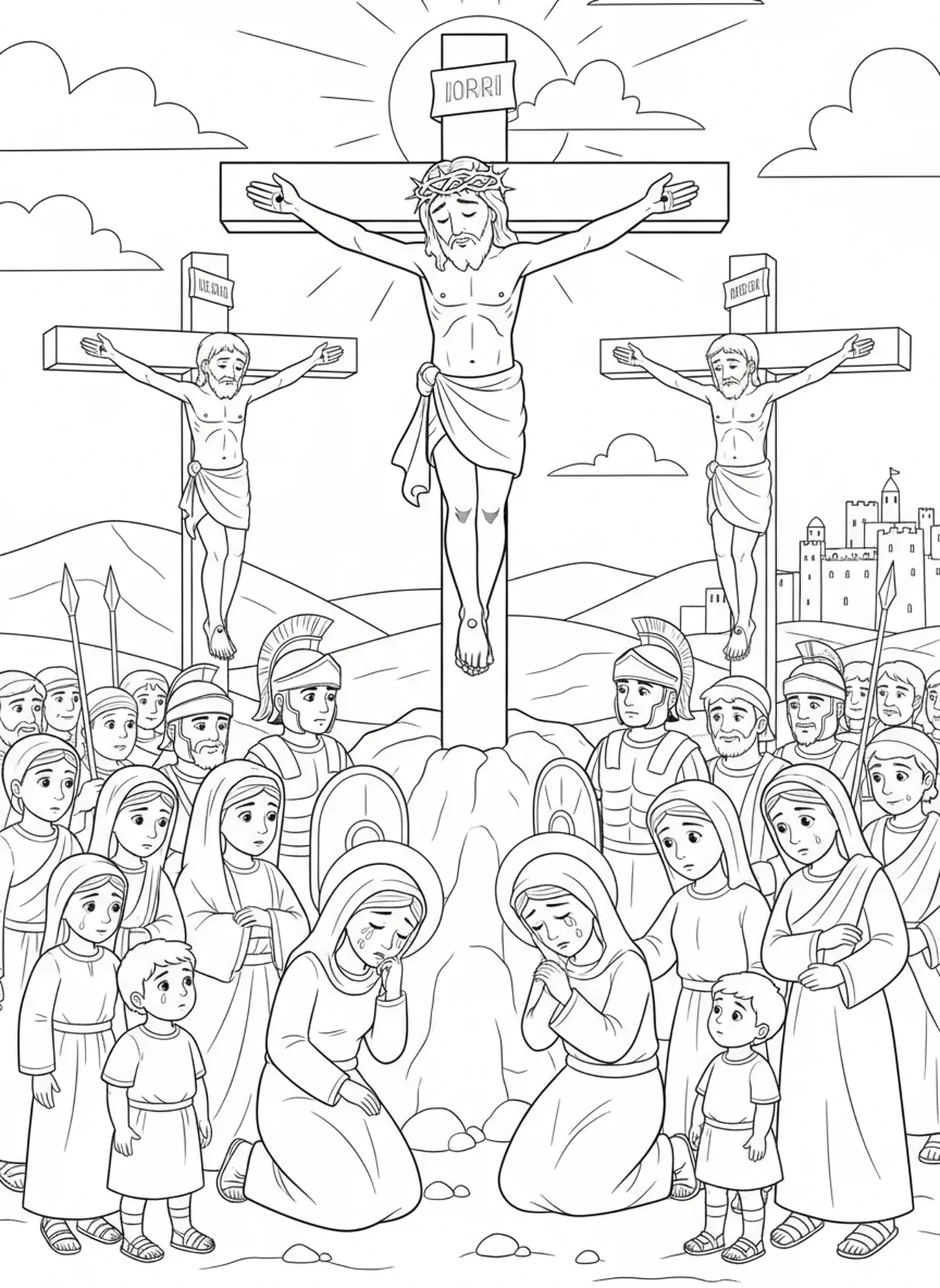 Jesús en la cruz, página para colorear del Viernes Santo para niños de 5 a 10 años.