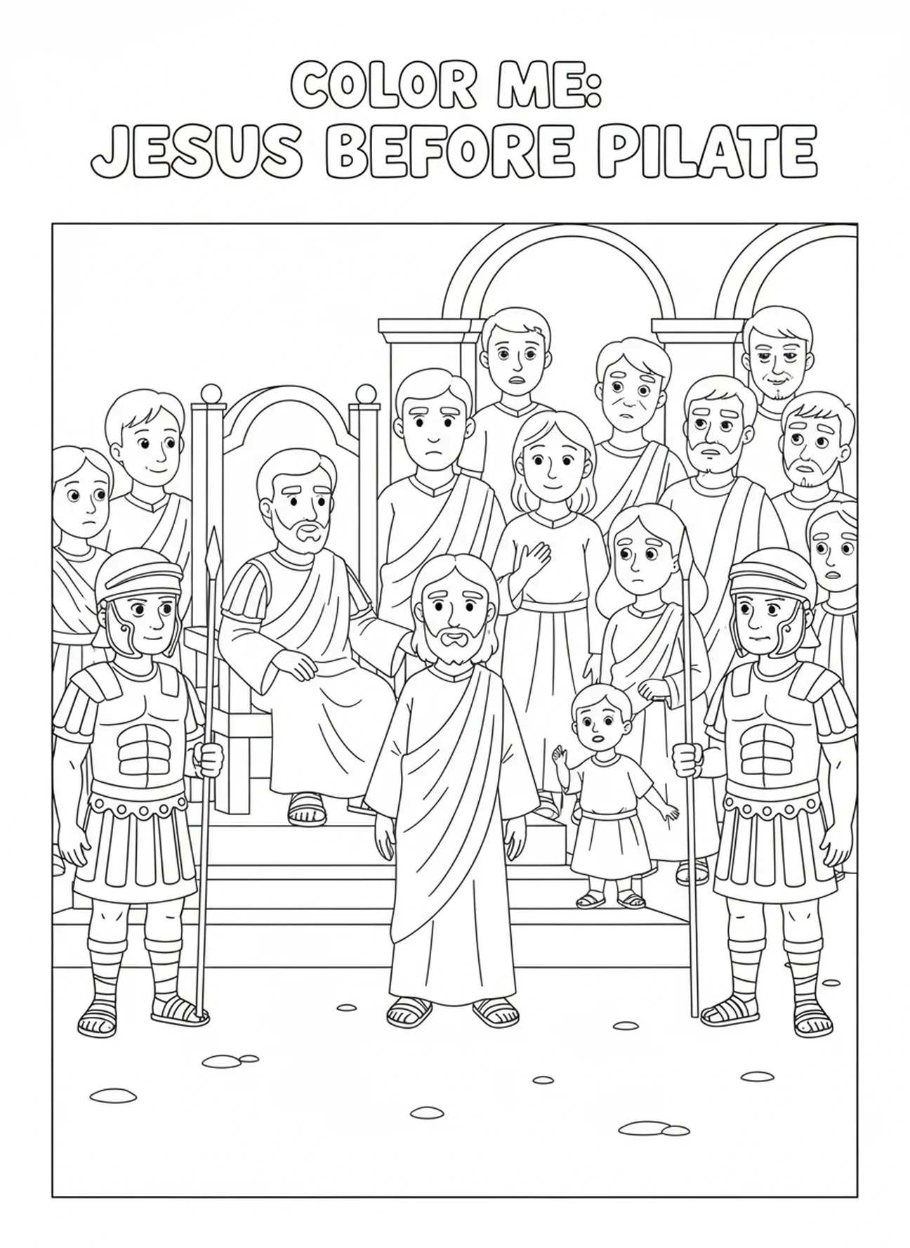 Jesús de pie ante Pilato, página para colorear del Viernes Santo para niños de 5 a 10 años.
