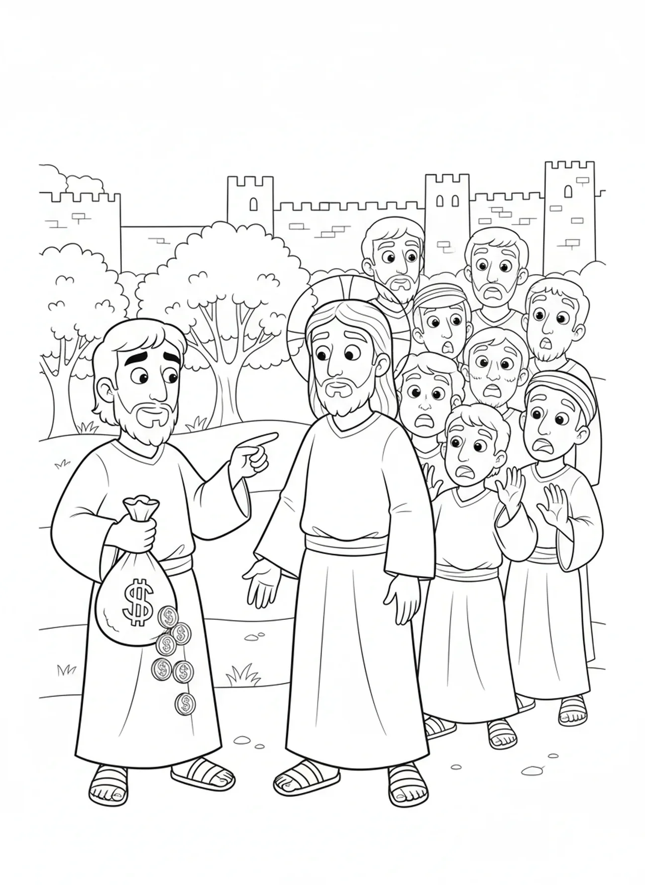 Judas traicionando a Jesús con monedas de plata, página para colorear de Viernes Santo para niños de 5 a 10 años.