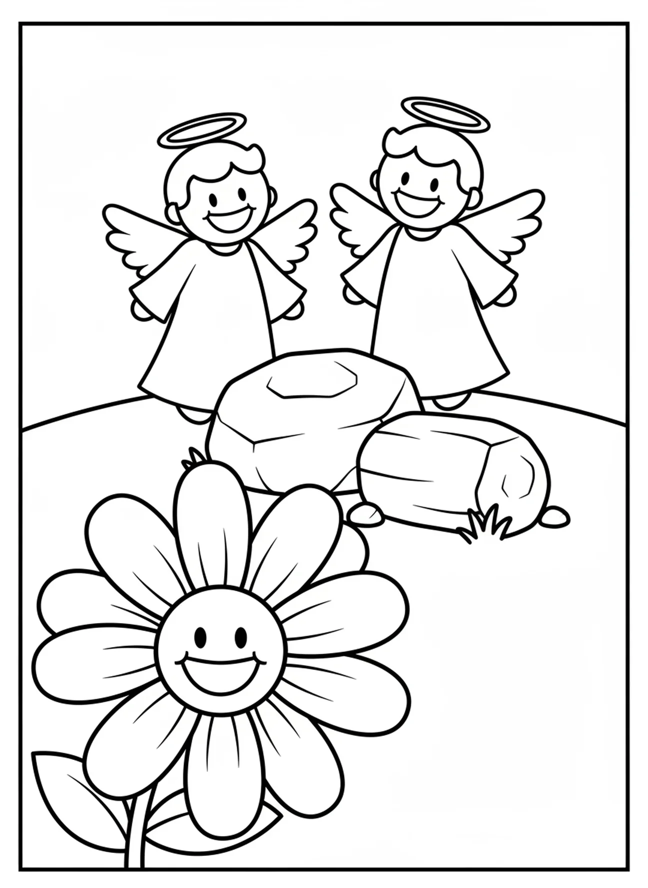 Zwei lächelnde Engel, Ausmalbild für Karfreitag für Vorschulkinder im Alter von 3-5 Jahren