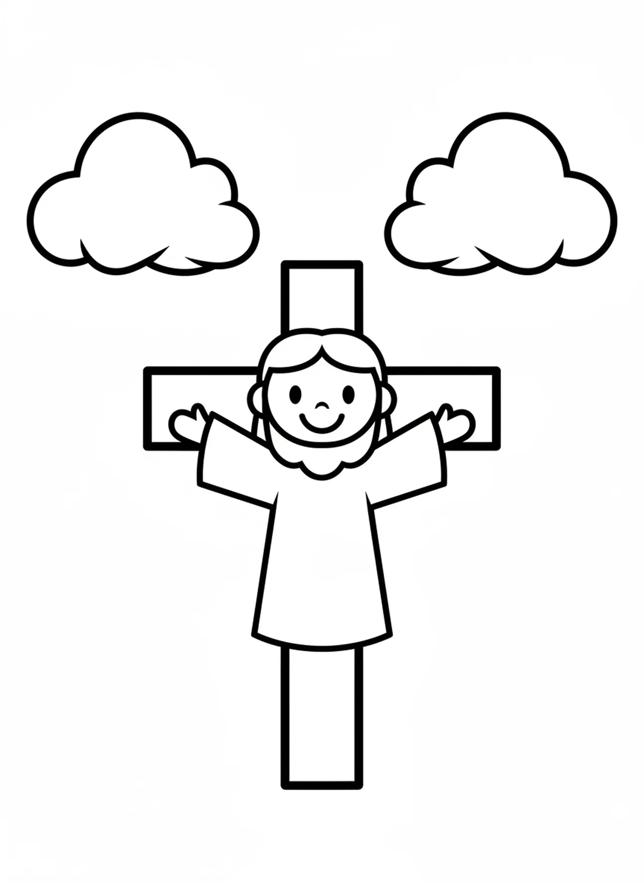 Lächelnder Jesus am Kreuz, Ausmalbild für Vorschulkinder im Alter von 3-5 Jahren
