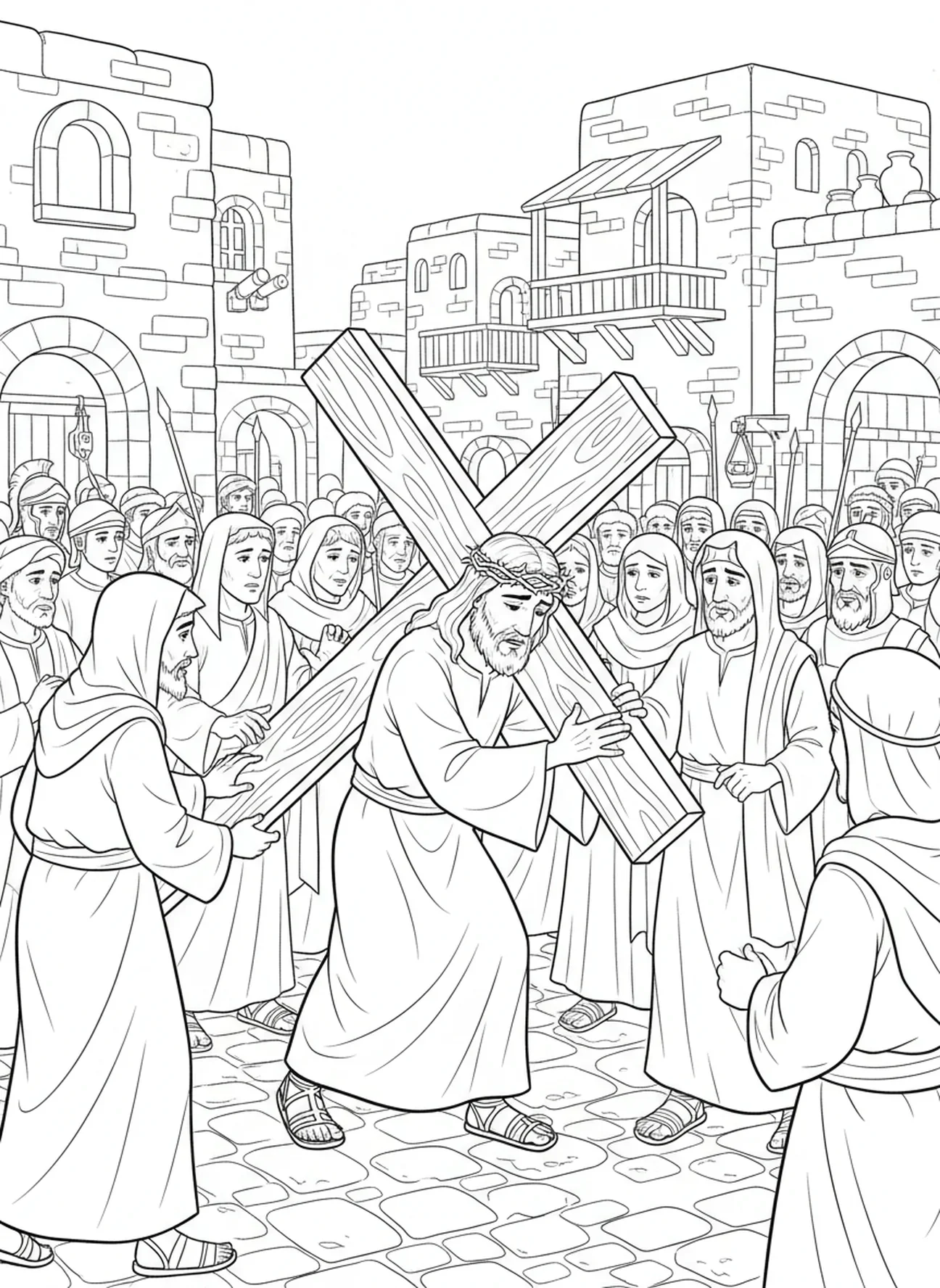 Jezus die het kruis draagt, kleurplaat voor Zondagsschoolkinderen van 5-12 jaar.