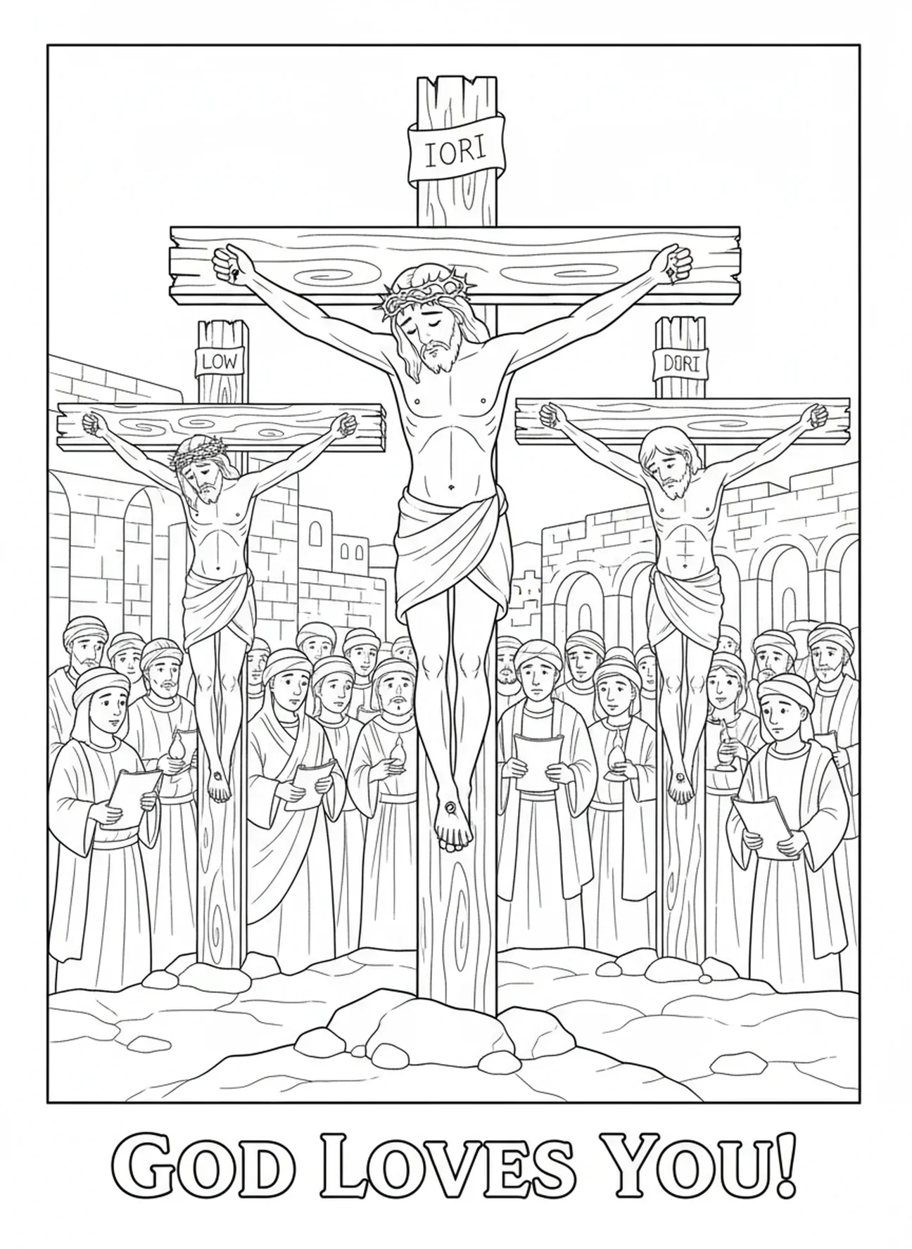 Jezus aan het kruis, kleurplaat voor Zondagsschoolkinderen van 5-12 jaar op Goede Vrijdag.