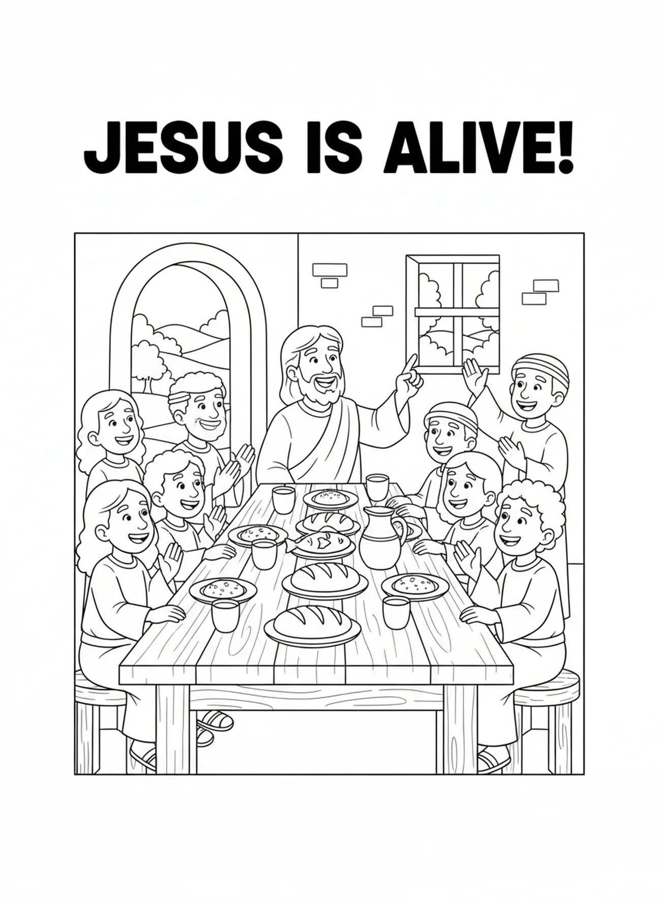Jesus compartilhando uma refeição com os discípulos, Ele realmente ressuscitou, página para colorir para crianças de 5 a 10 anos.