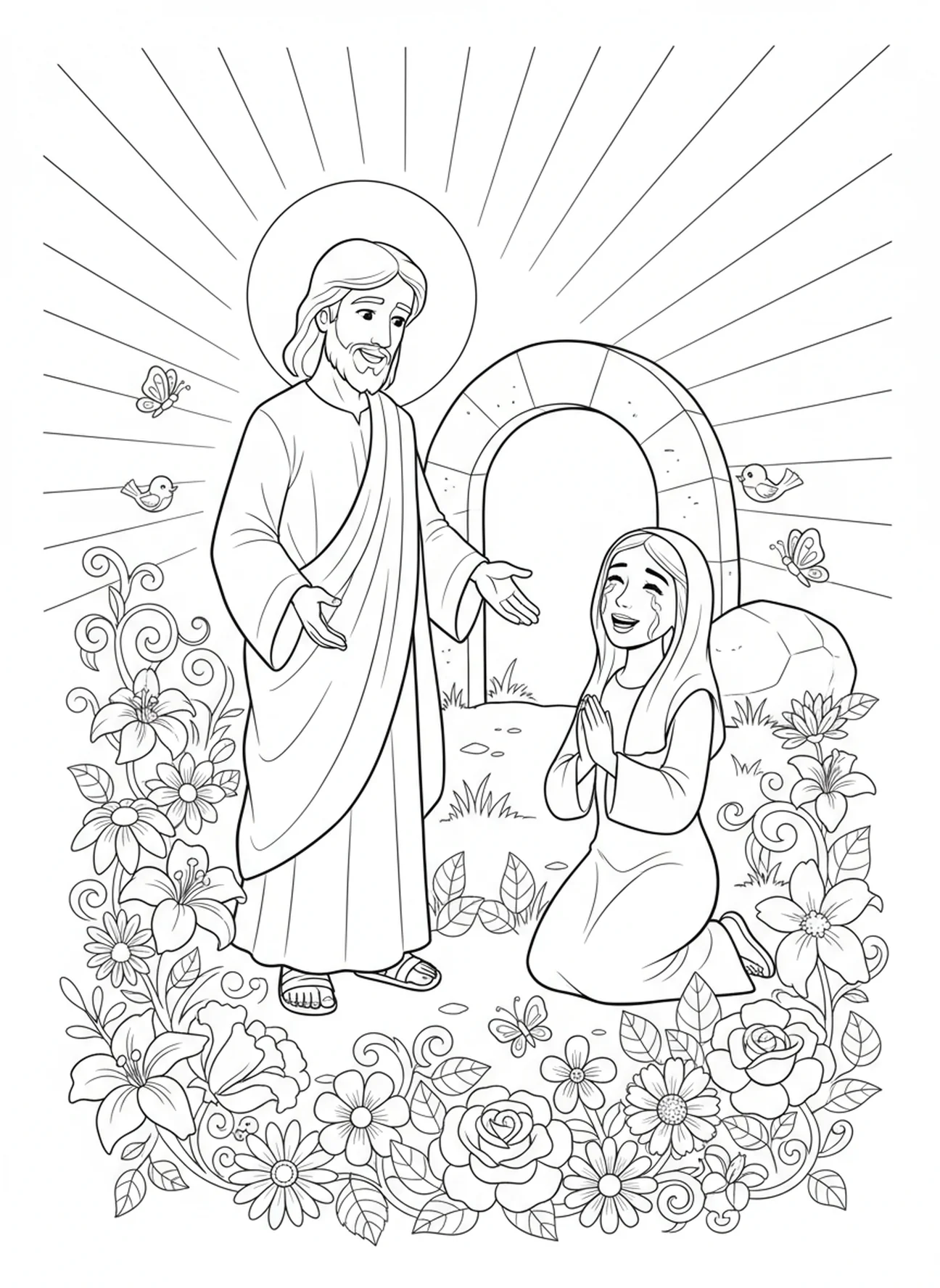 Jesus aparecendo para Maria, Ele realmente ressuscitou, página de colorir para crianças de 5 a 10 anos.